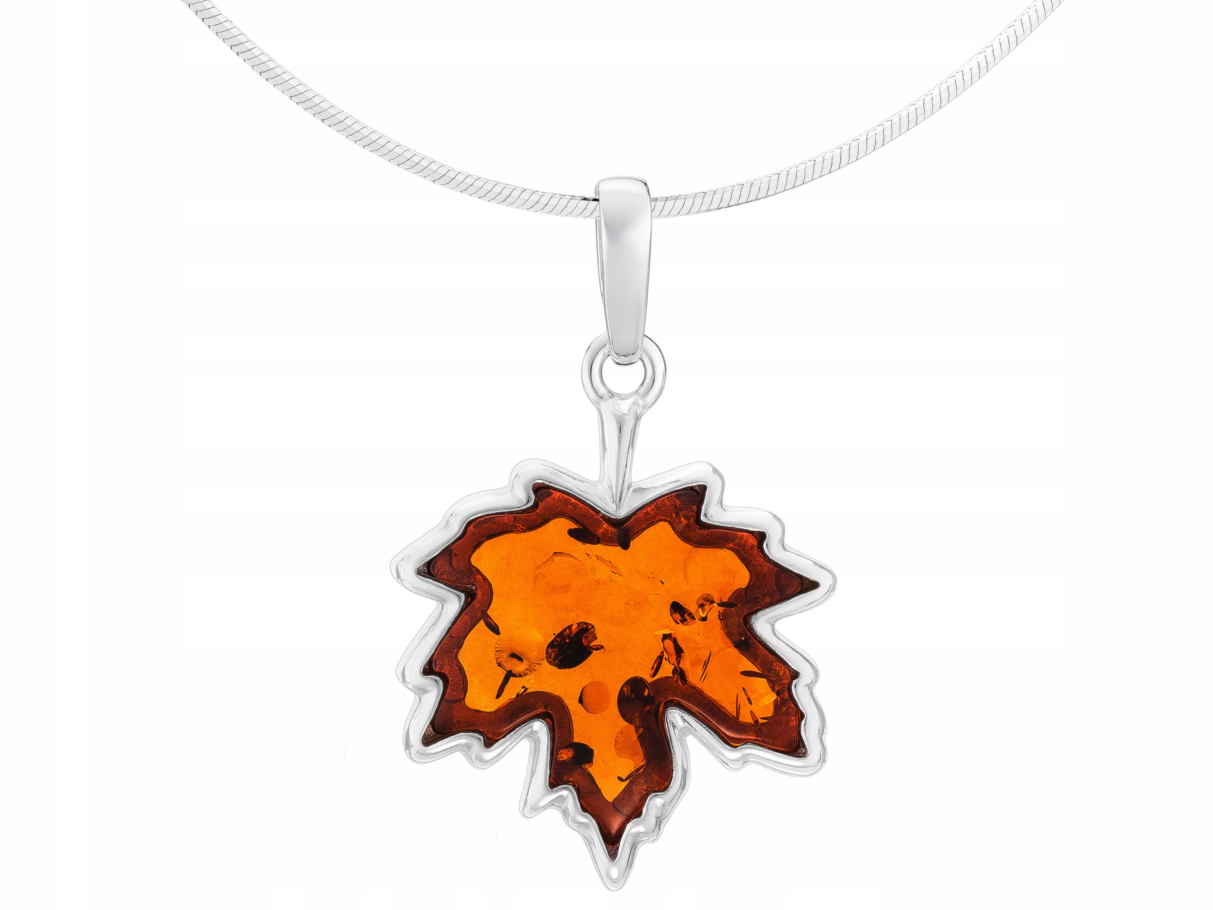 Dlouhý stříbrný dámský náhrdelník Javorový List s jantarem a lístkem Stříbro 65 cm