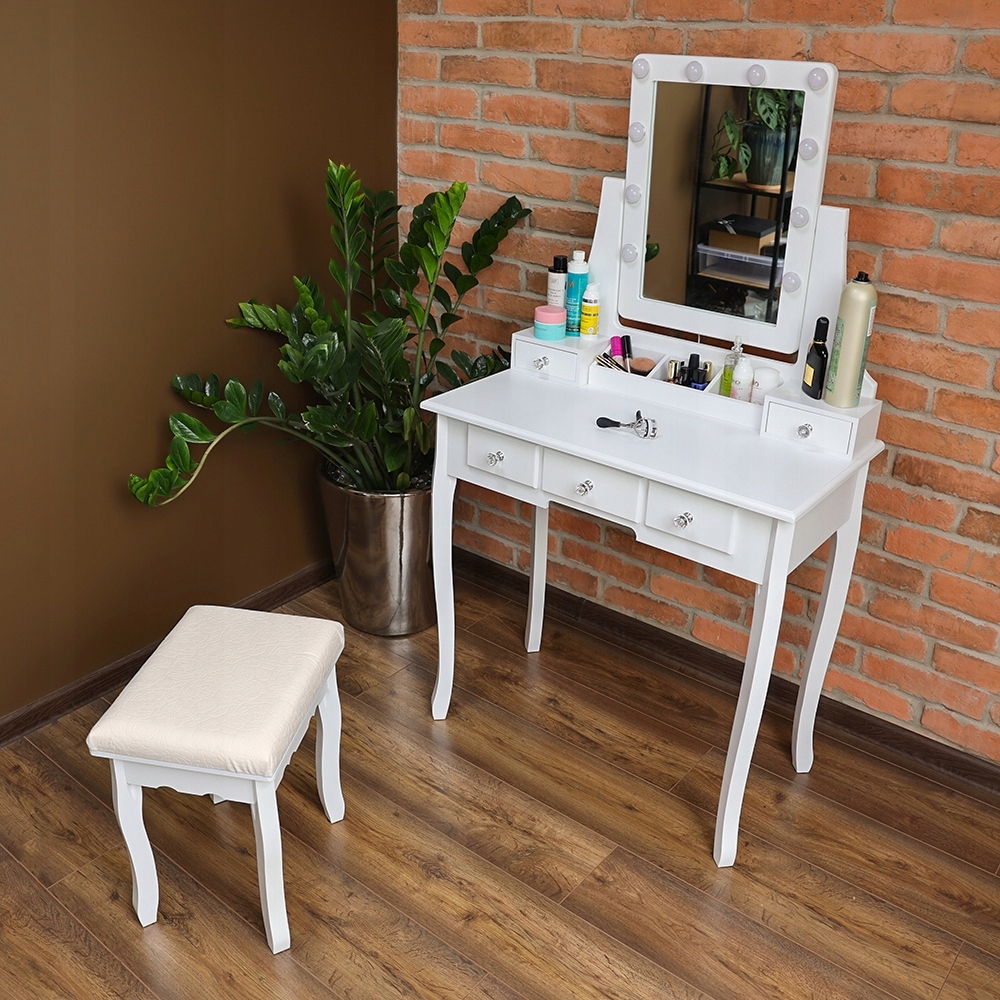 KOSMETYCZNA TOALETKA z LUSTREM LED BIAŁA + TABORET Głębokość mebla 40 cm