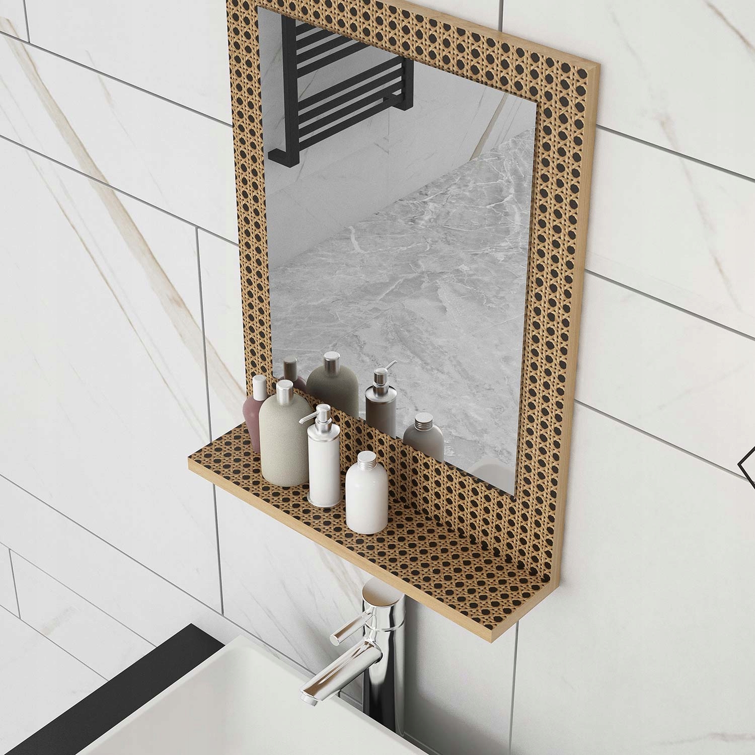 Dekoracyjne lustro ścienne beżowe z nadrukiem z półką 45x60 Szerokość 450 mm