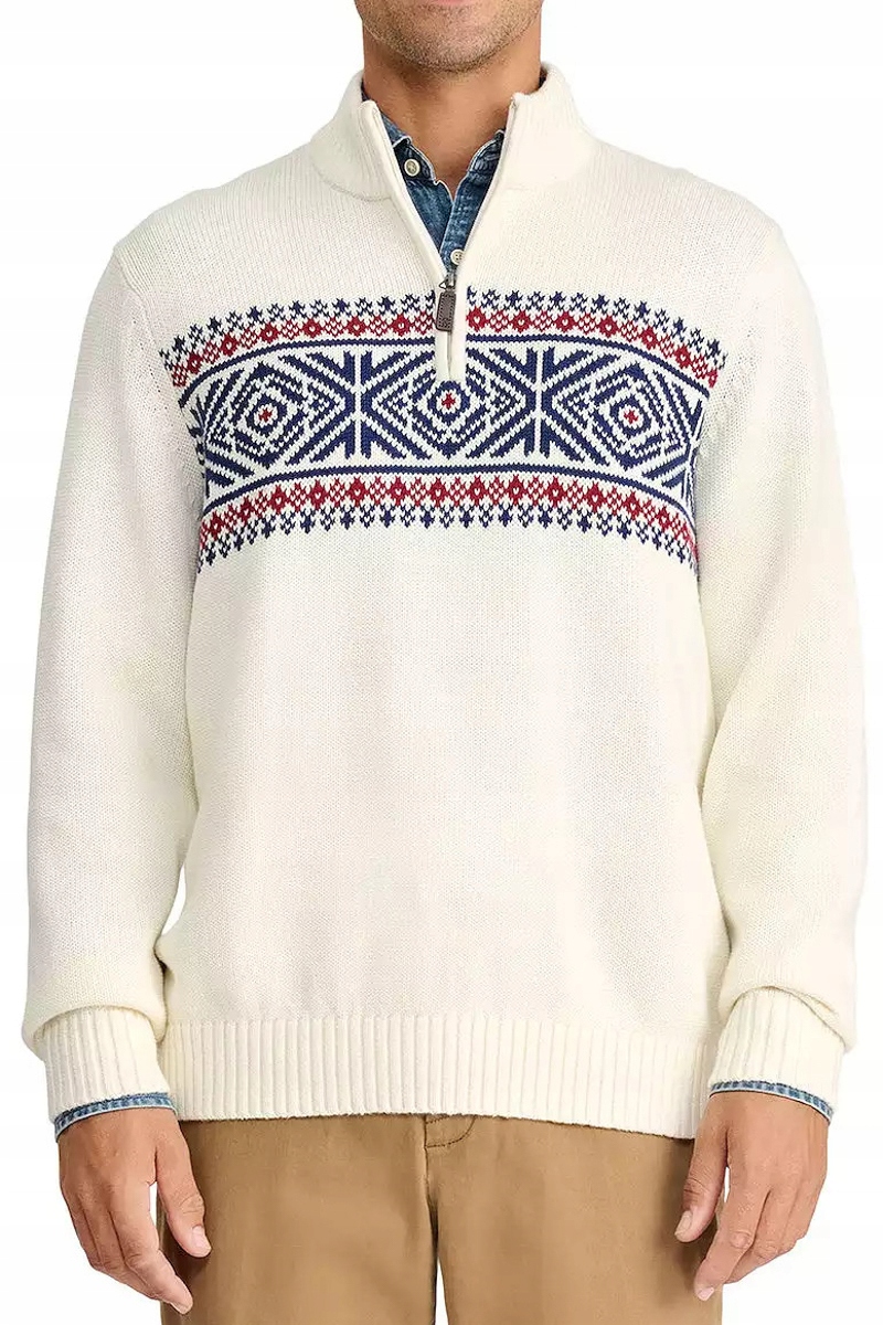 Izod Męski Kremowy Skandynawski Wzór Rozpinany Sweter Bawełna Zamek XL