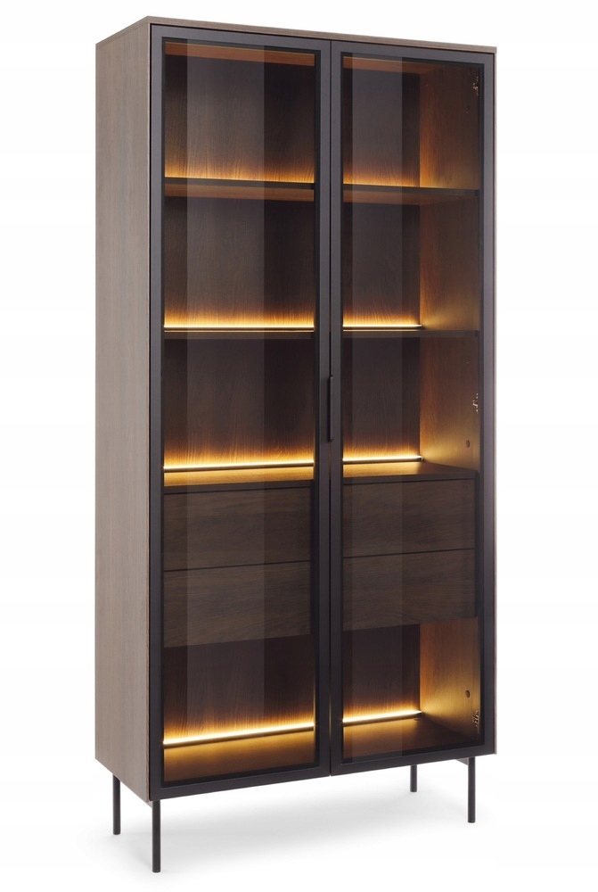 Dvoudveřová prosklená vitrína Lumi se dvěma zásuvkami 91 cm dub dunin Led