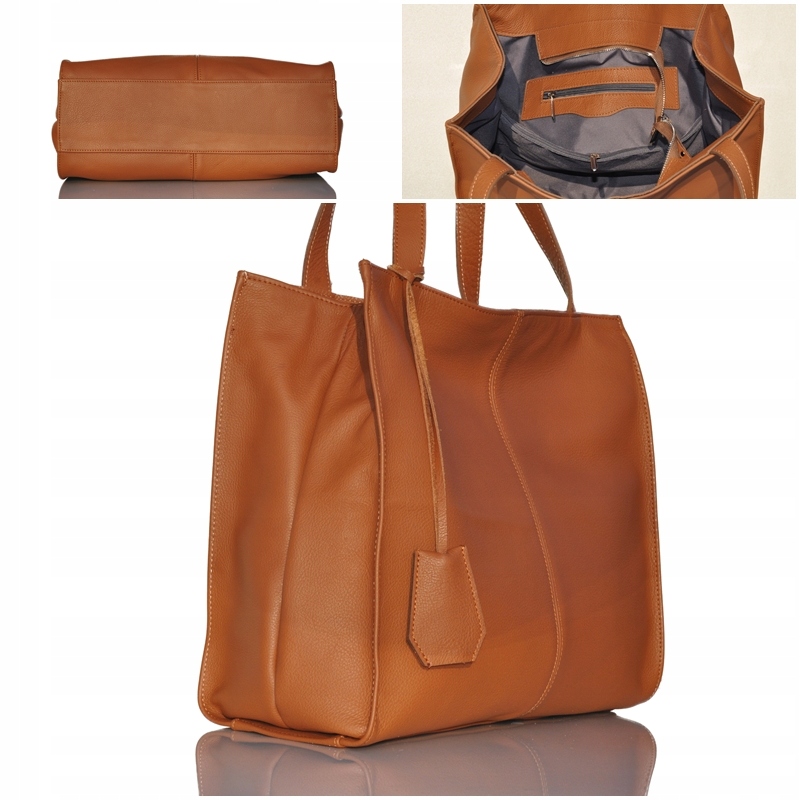 WŁOSKA TOREBKA SHOPPER SKÓRZANA NA RAMIĘ A4 RUDA Wzór dominujący bez wzoru