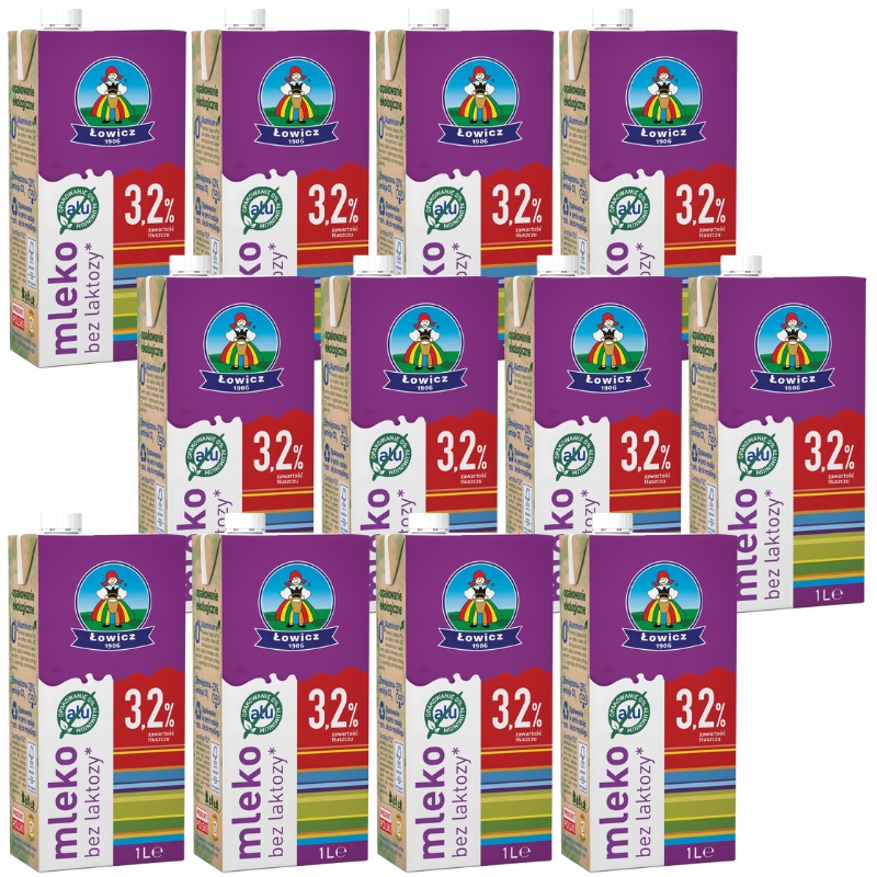 Levně Łowicz Mléko bez laktózy Łowickie Uht 3,2% 1 l 12 kusů