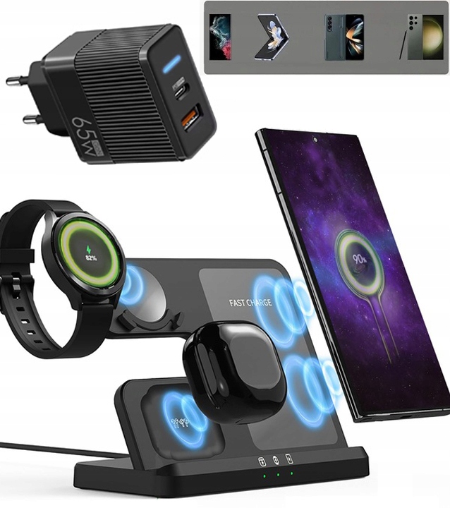 Ładowarka Bezprzewodowa 3w1 do Samsung Stacja Indukcyjna Qi 18W Stojak