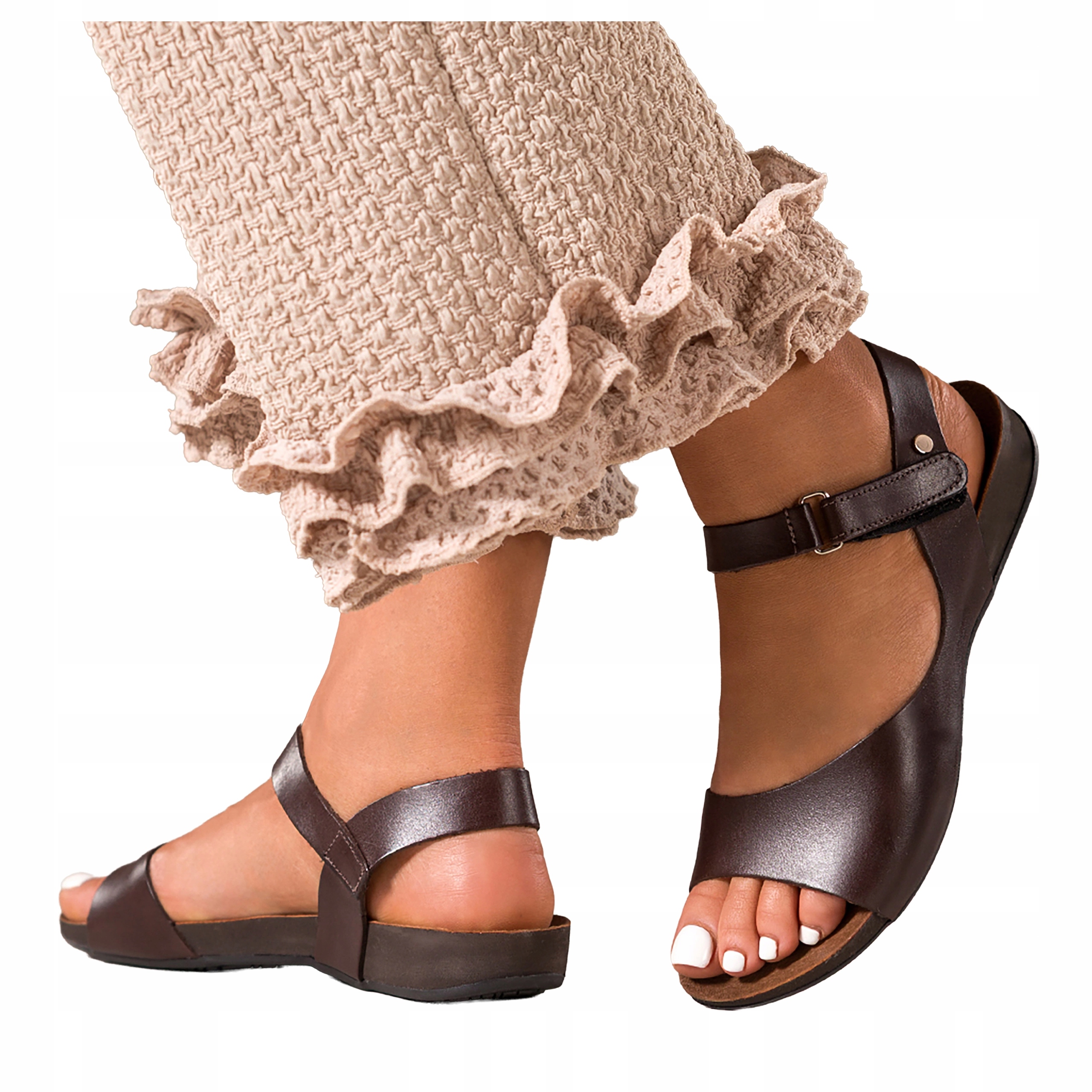 Čokoládové Sandály Dámské Kožené Ploché Na Suchý Zip Pohodlné Módní velikost 36