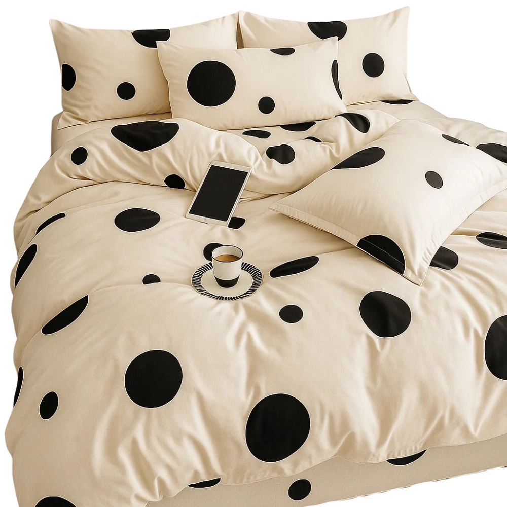 Pościel 160x200 bawełniana naturalna komplet kremowa czarne kropki groszki