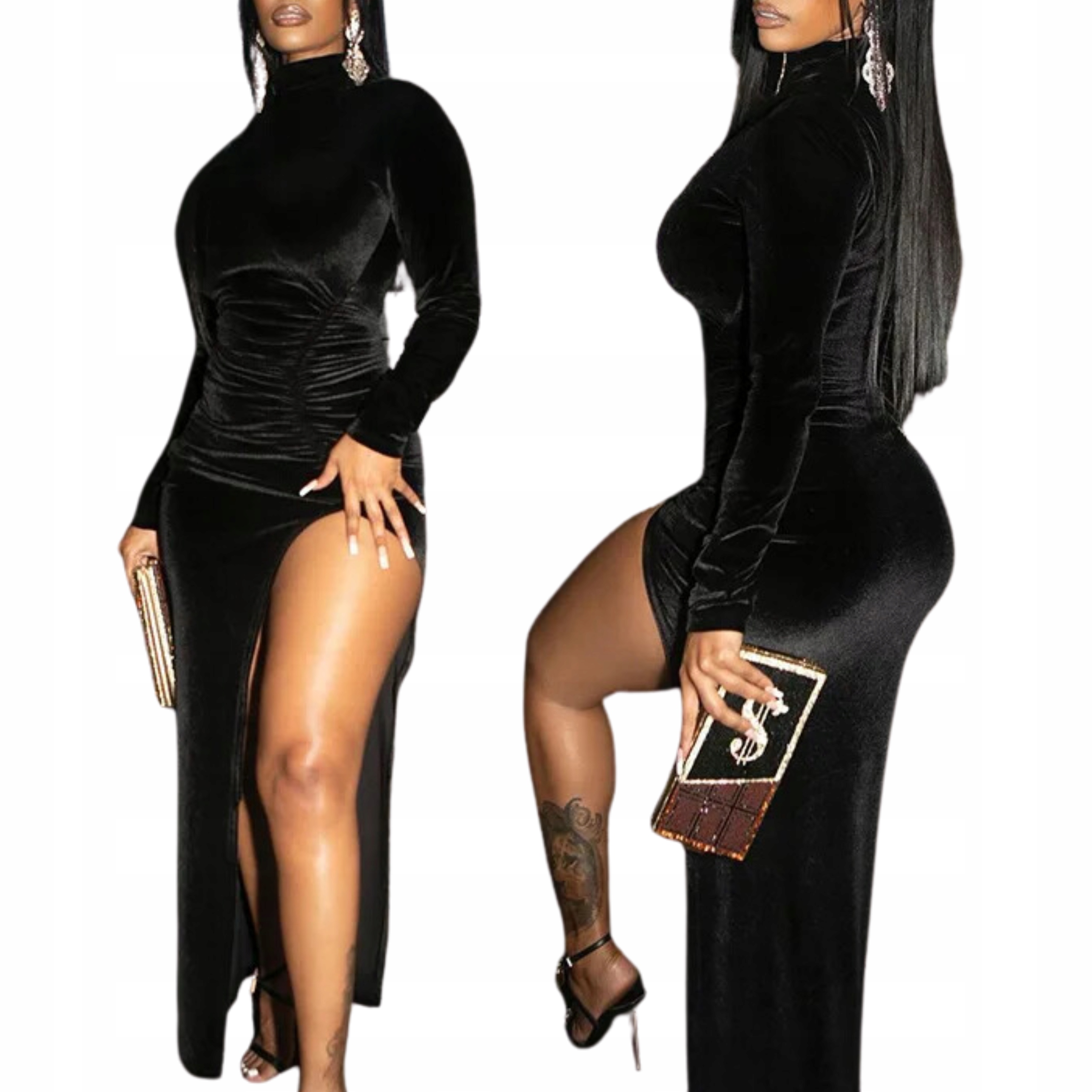 Sukienka damska wieczorowa welurowa z rozcięciem maxi taliowana czarna