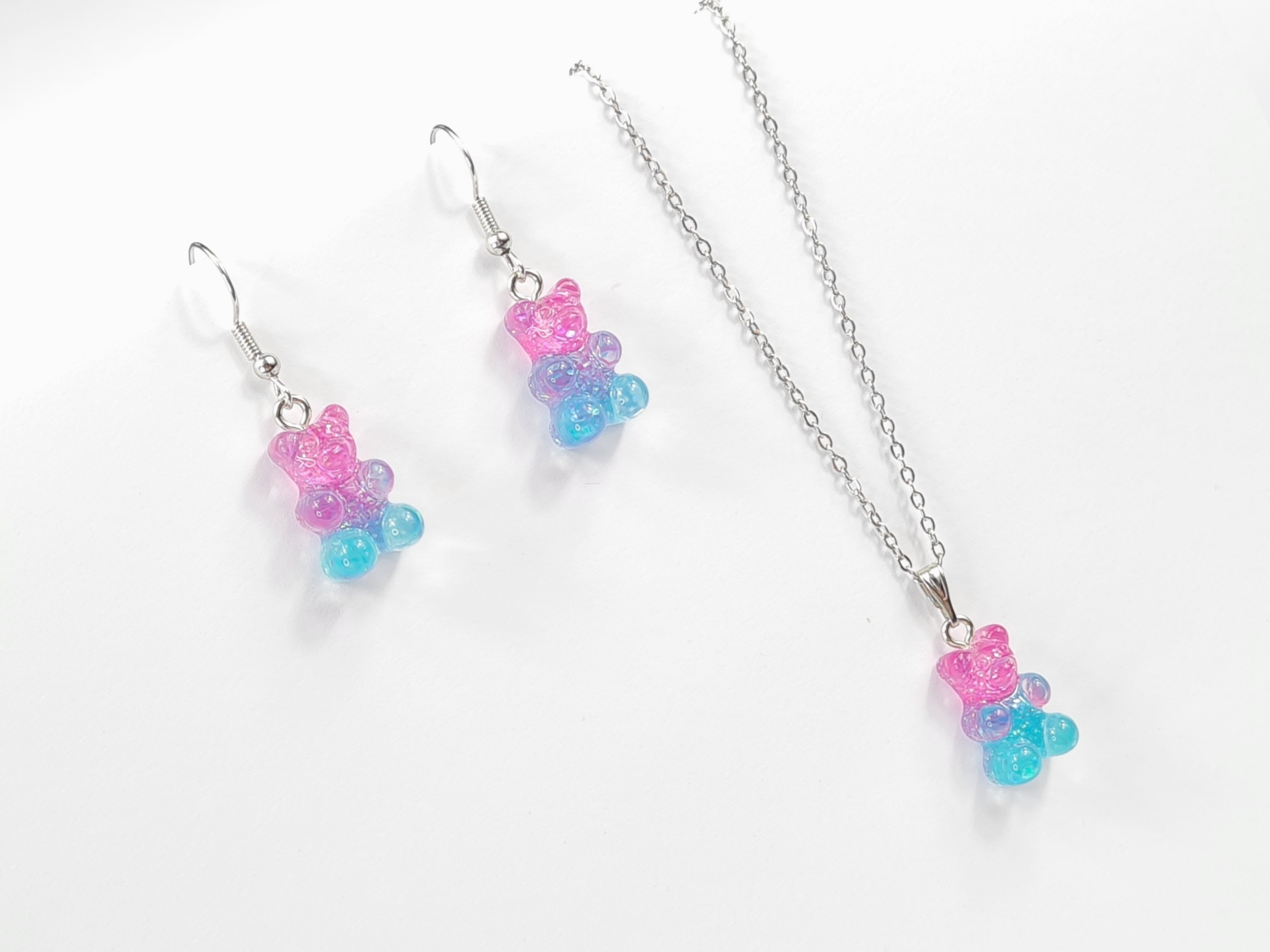 Komplet NASZYJNIK KOLCZYKI MIŚ Gumisie ŻELKI Różowo-Błękitny Brokat K13 Marka bez marki