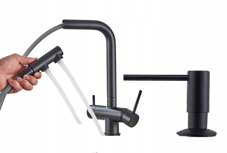 Kuchynská batéria trojcestná čierna s výsuvným výtokom