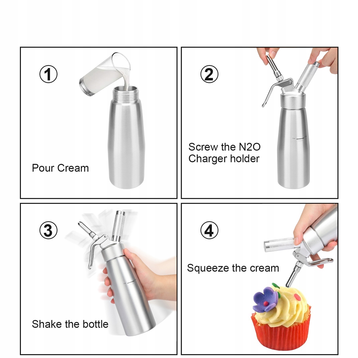 PROFESJONALNY DOZOWNIK KREMU, SYFON ZE STALI NIERDZEWNEJ 500 ML, 3 DYSZAMI Informacje dodatkowe atest do gastronomii