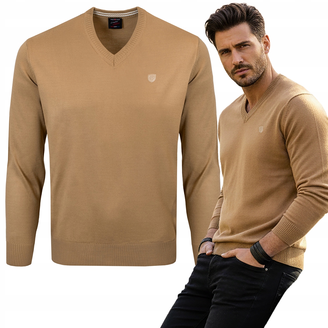 Pánský svetr do V, elegantní, hladký, Karamelový XXL Pako Jeans