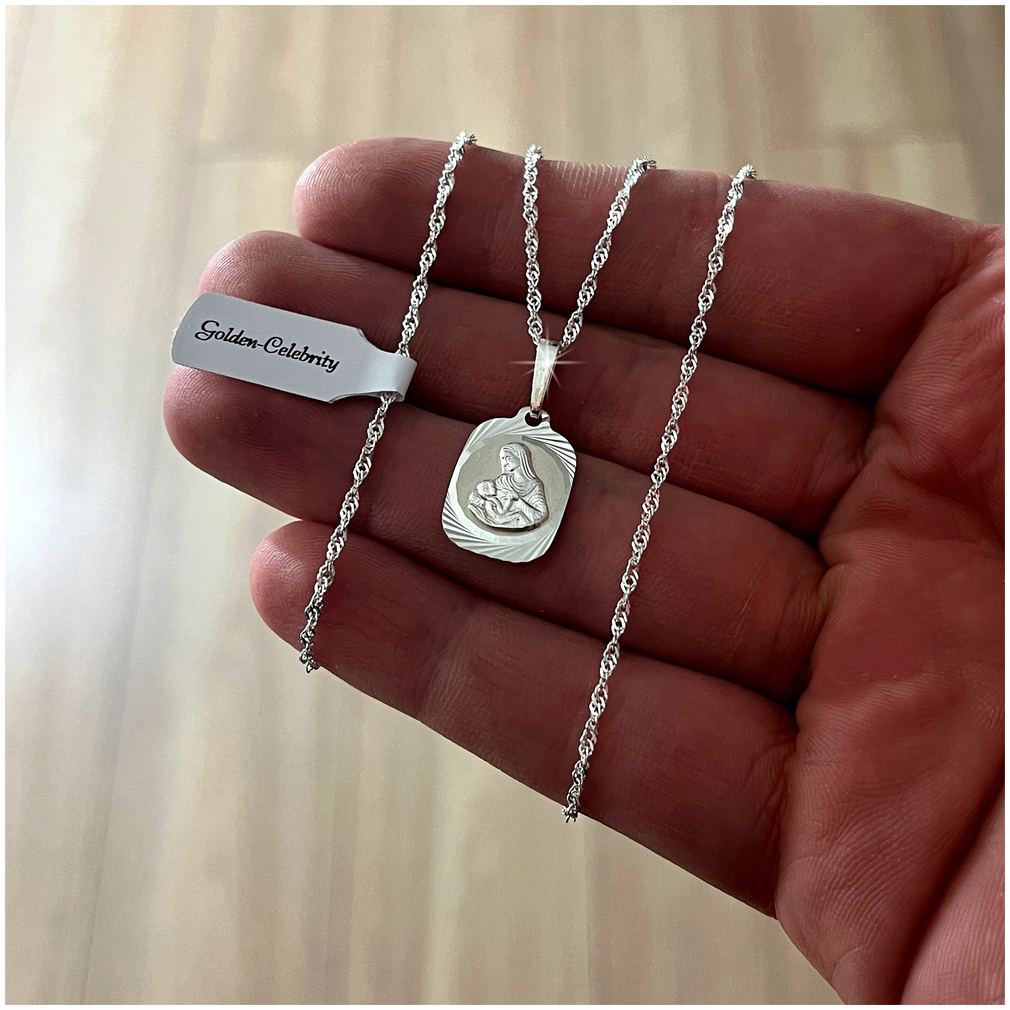 SREBRNY ŁAŃCUSZEK + MEDALIK MATKA BOSKA 925 PREZENT KOMUNIA CHRZEST GRAWER Marka Golden Celebrity