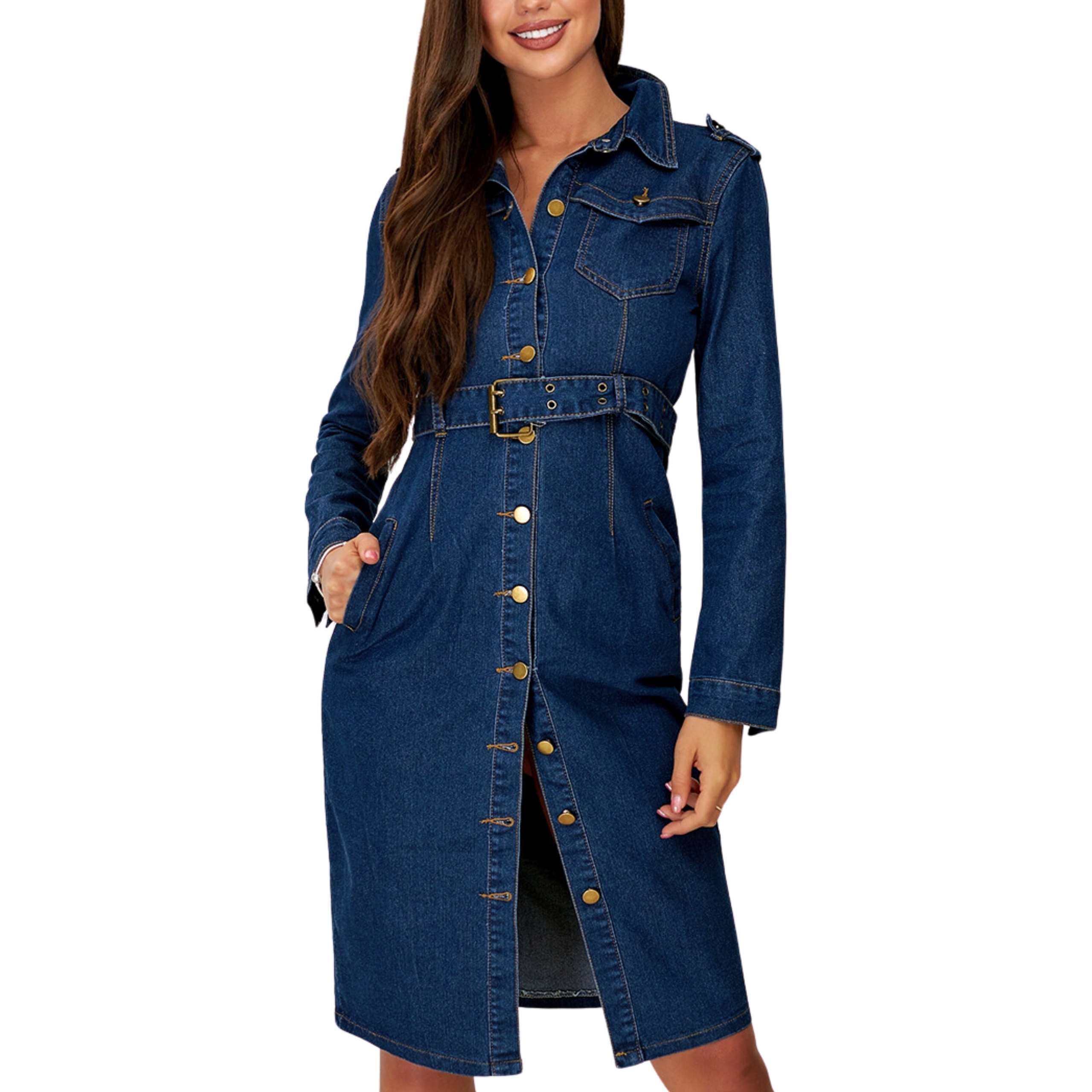 Sukienka damska jeansowa ołówkowa midi z paskiem długa plus size na lato