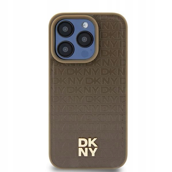 Etui Dkny Leather Pattern Metal Logo MagSafe na iPhone 15 14 13 brązowe