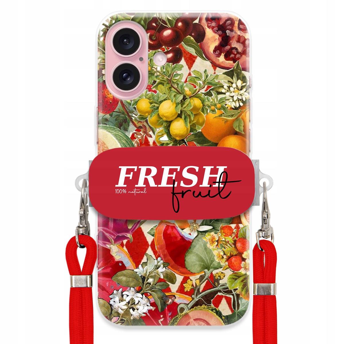 Puzdro pre iPHONE 16 Červená Crossbody šnúra držiak Fresh Fruit Ovocný