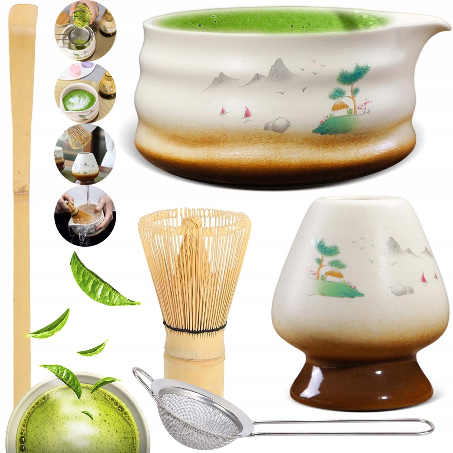 Levně Sada Metliček Štětec Na Matcha Čaj Keramická 5 Ks Ideální Dárek