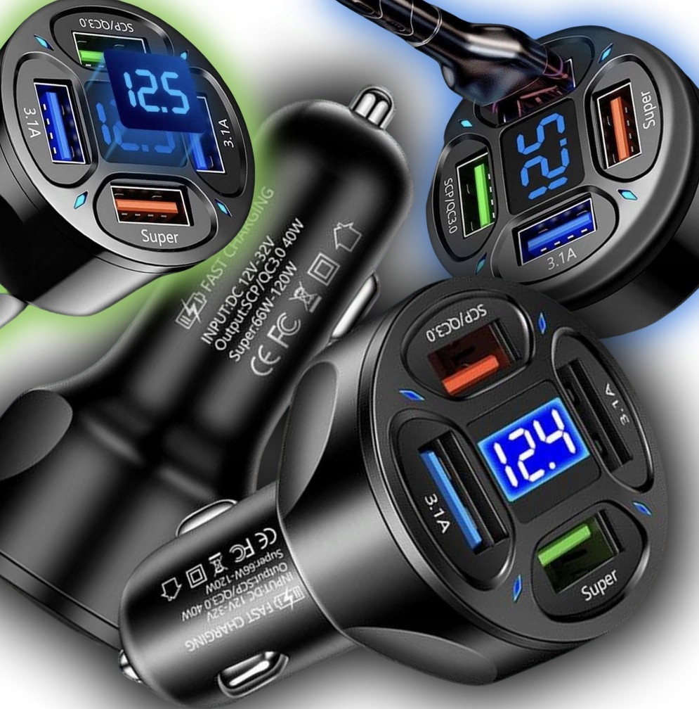 MOCNA SZYBKA ŁADOWARKA SAMOCHODOWA 4x USB PD QC 3.0 66W DO TELEFONU DO AUTA