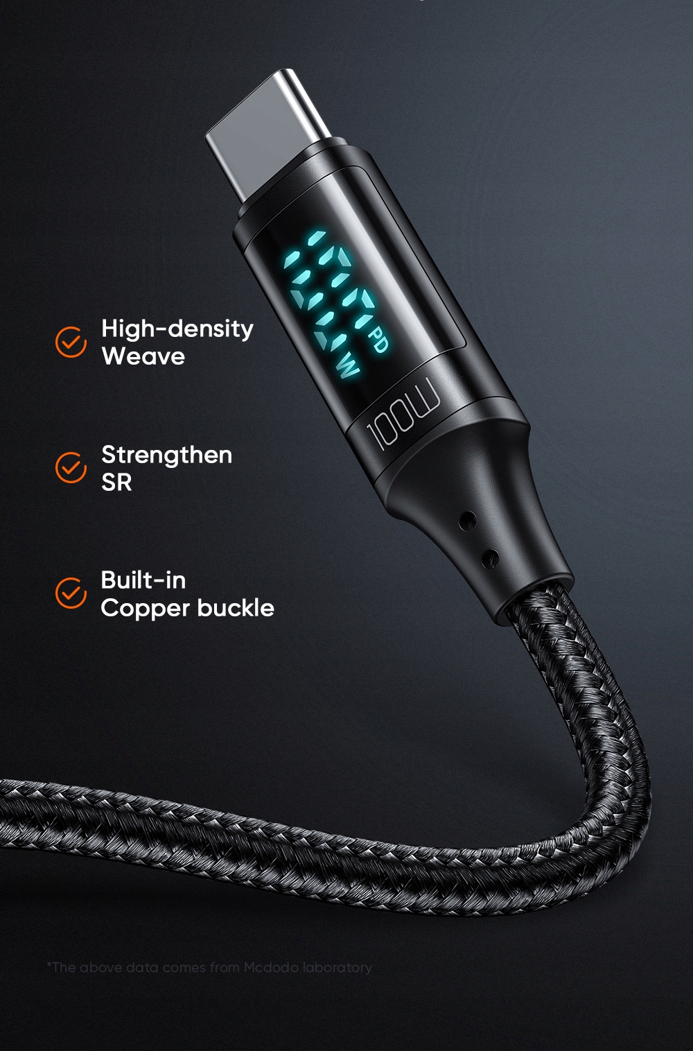 MCDODO KABEL Z WYŚWIETLACZEM USB-C SZYBKIE ŁADOWANIE USB TYP C 5A 100W 1M Zgodność ze standardem Quick Charge 1.0 Quick Charge 2.0 Quick Charge 3.0 Quick Charge 4.0
