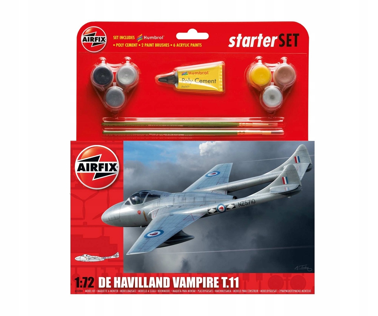 De Havilland Vampire T11 obsahuje barvy a lepidlo Airfix Starter Set 1:72
