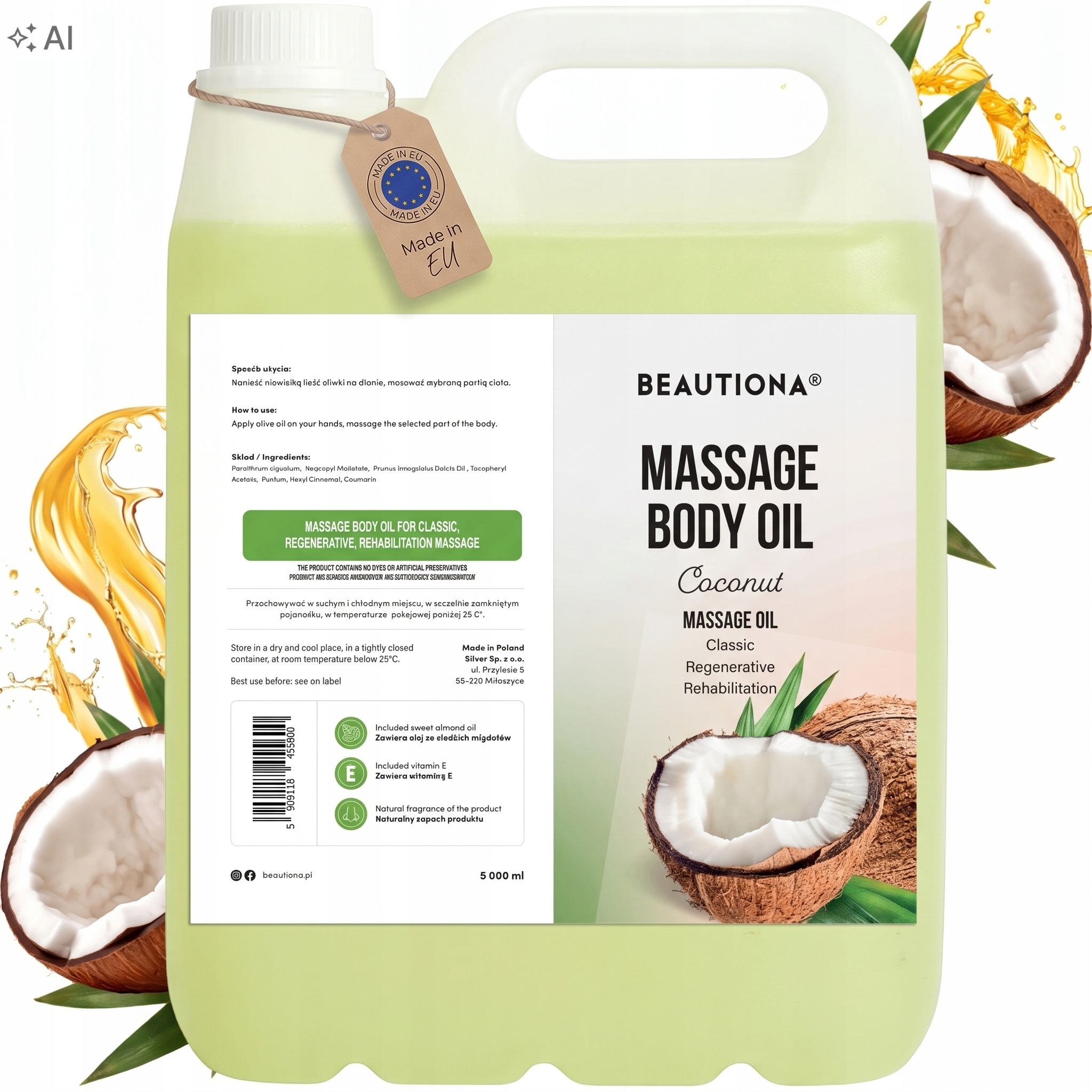 Olivový Olej Na Masáž Těla Obličeje Kokos, Hydratační, Relaxační, Velký, 5 L