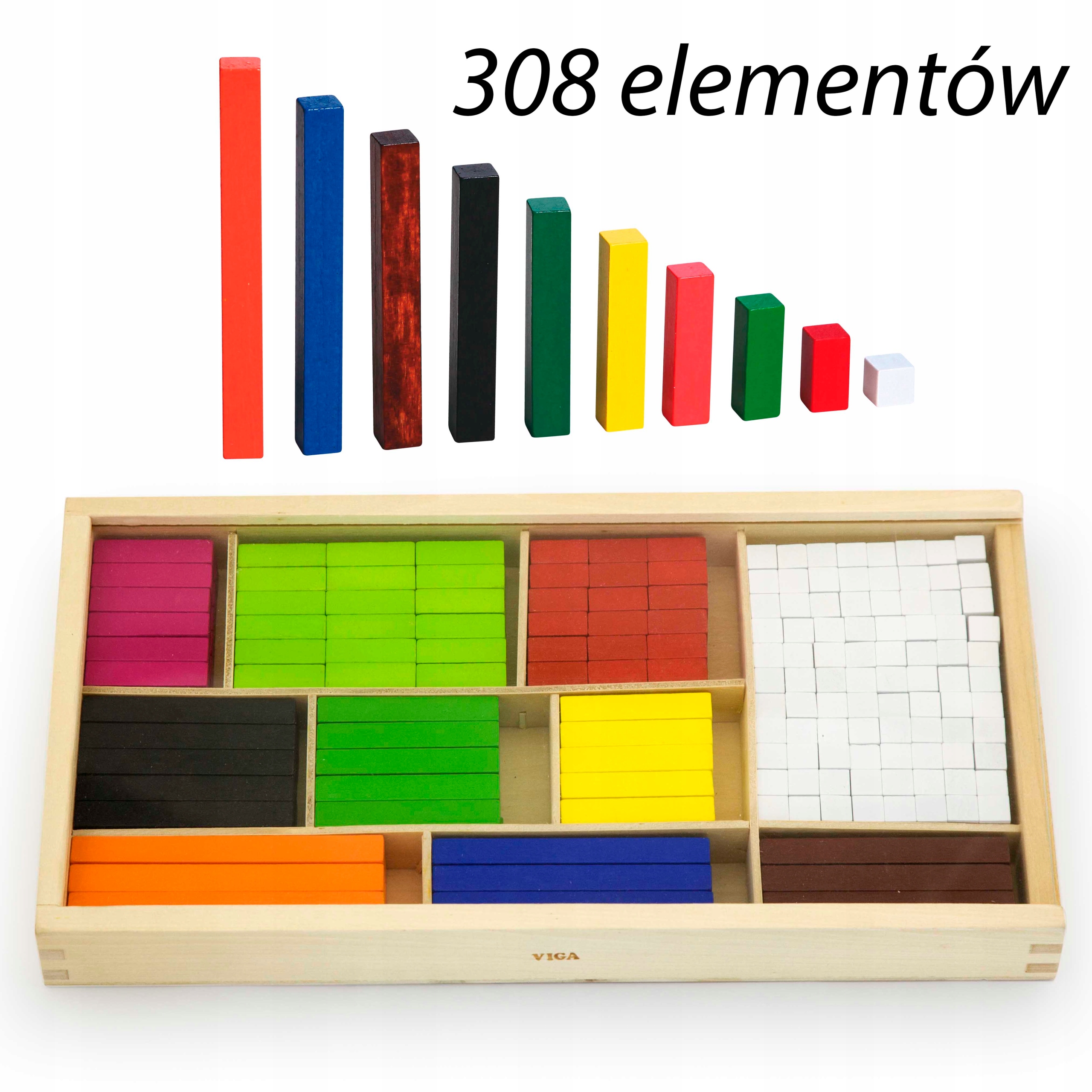 KLOCKI CUISENAIRE'A MONTESSORI NAUKA LICZENIA PATYCZKI MATEMATYCZNE VIGA Liczba elementów 308