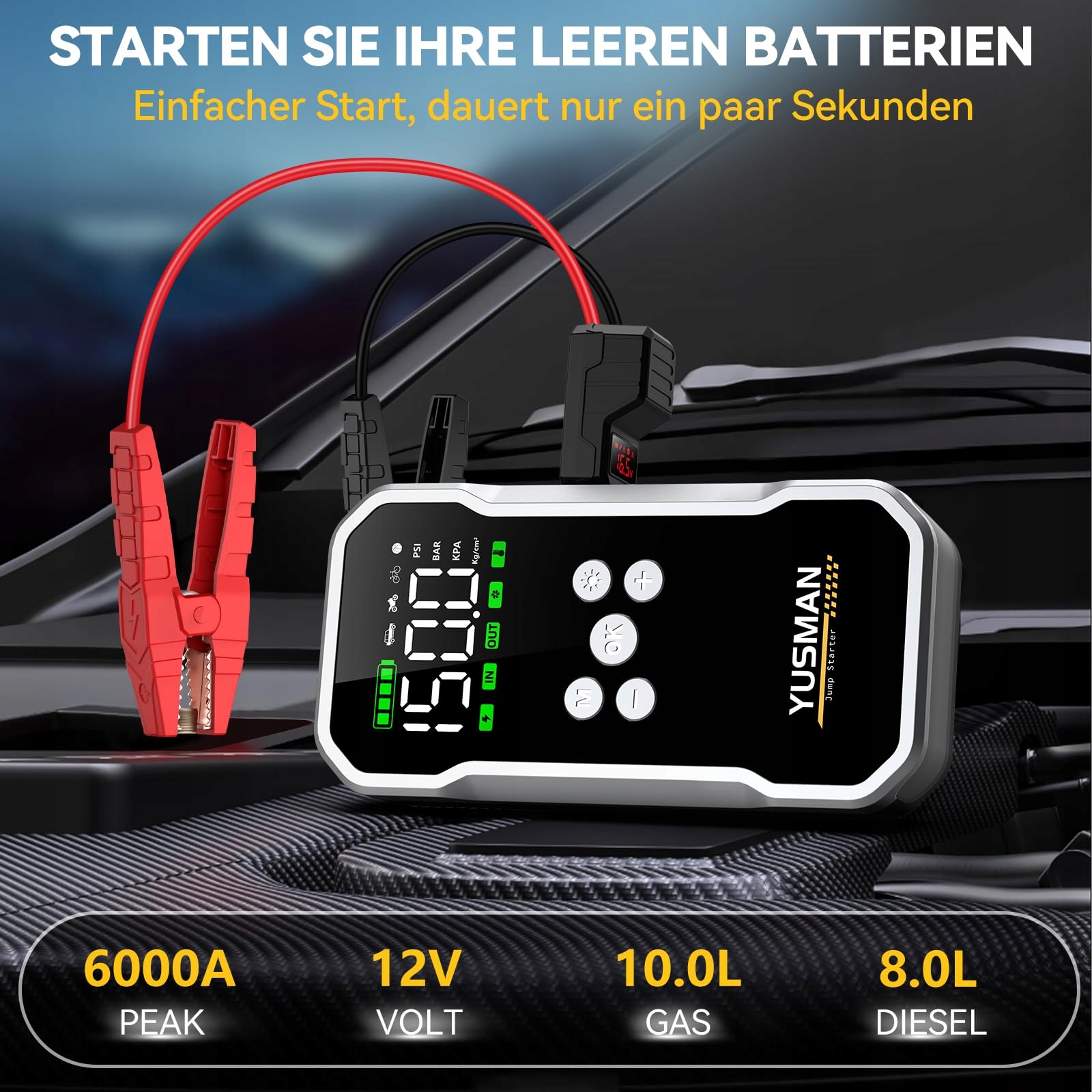 YUSMAN Powerbank Z Rozruchem I Kompresorem 6000A 150PSI Latarka LCD — miniatura 2