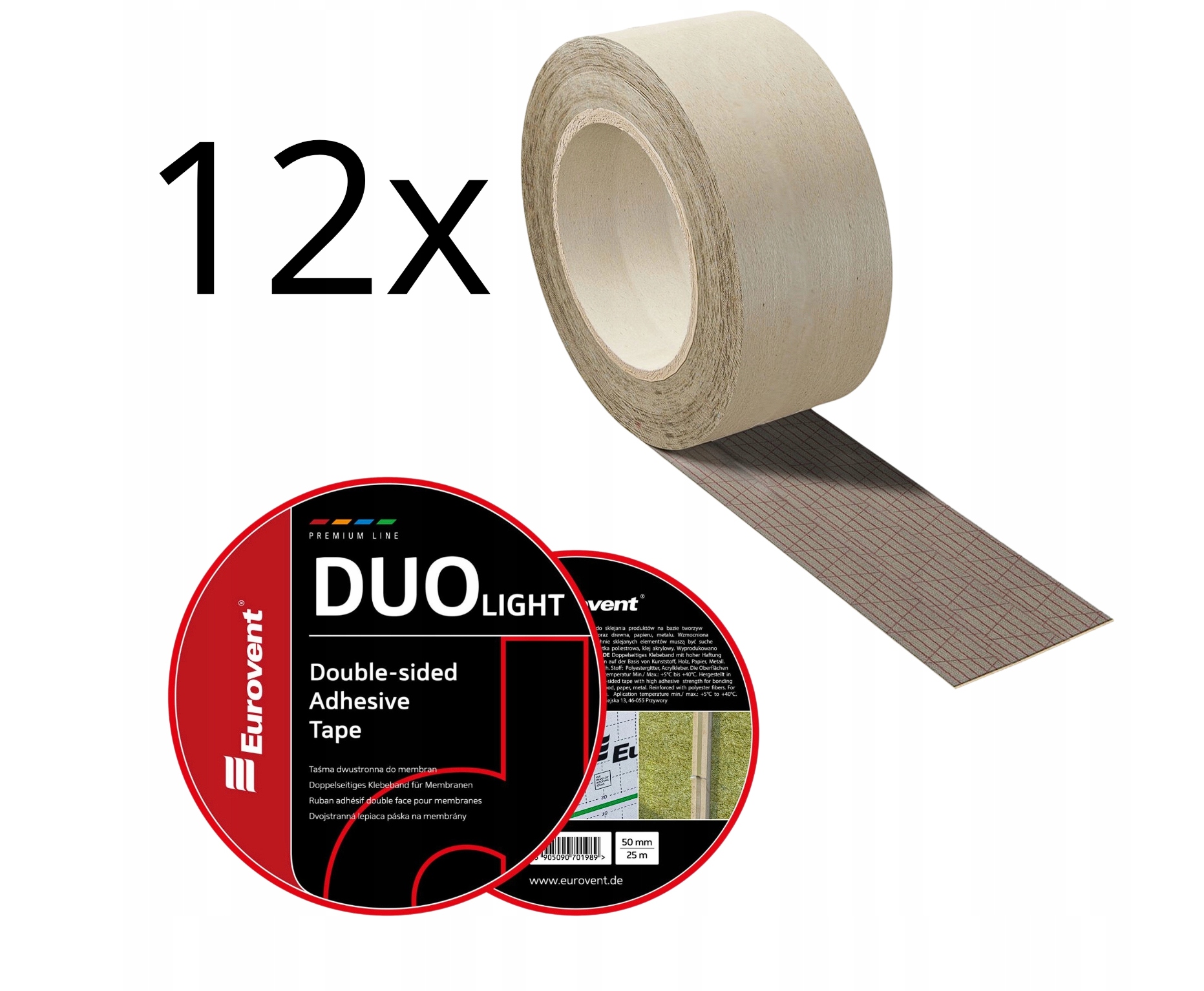 12x Obojstranná lepiaca páska Eurovent Duo 50 mm x 25 m na fólie a membrány