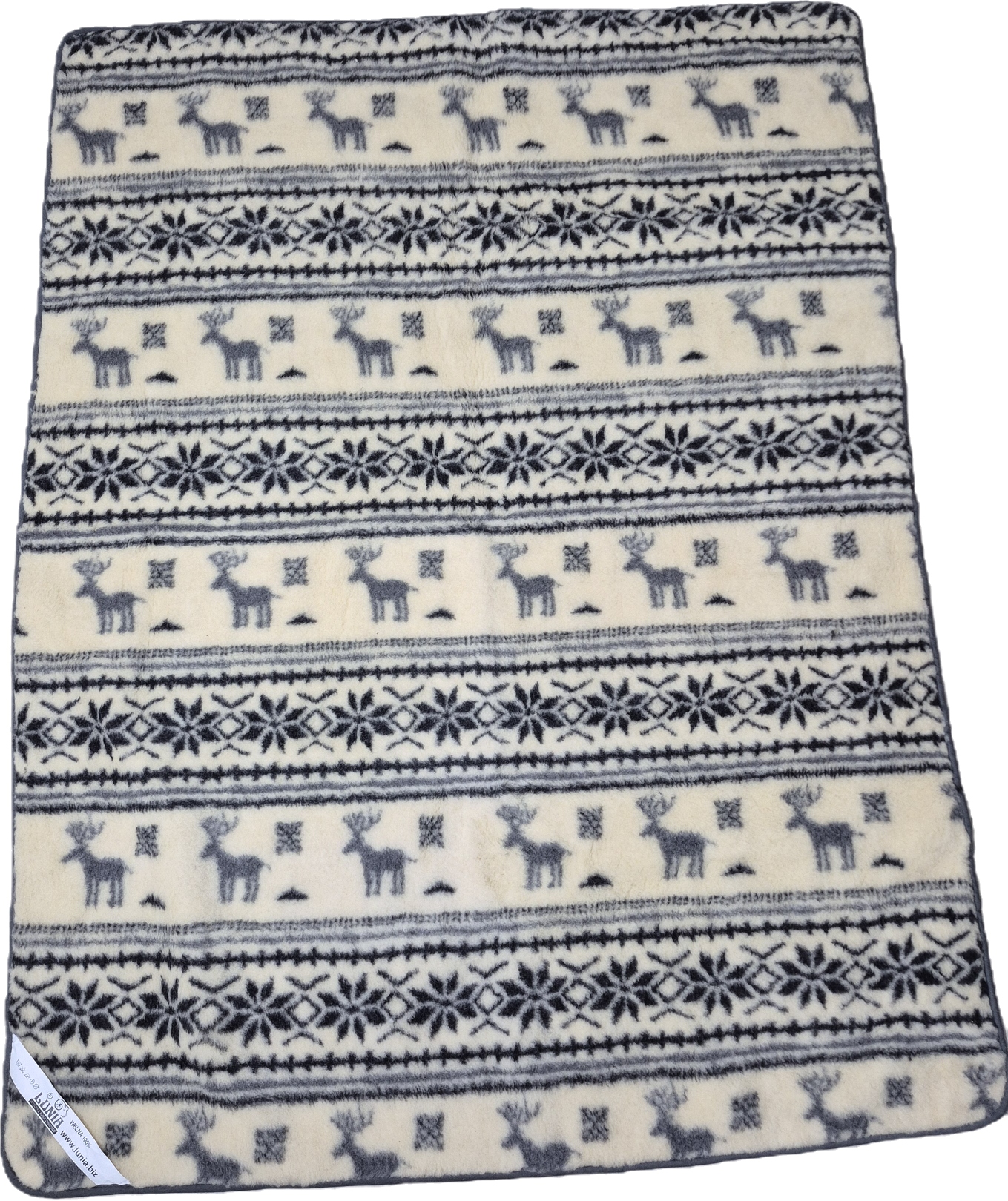 Vlněná deka 100% ovčí vlna – Bílá se šedými pruhy a soby 200x155 cm