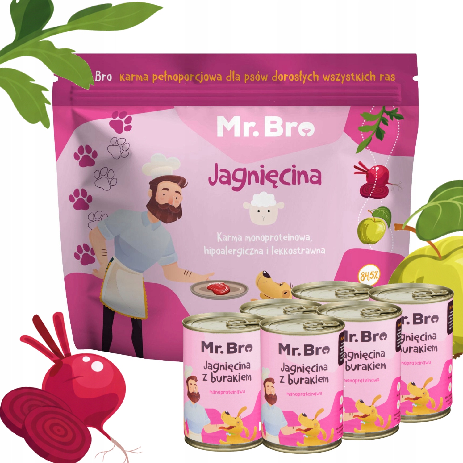Sada Mr. Bro Monoproteinové suché a Vlhké Krmivo pro dospělé psy s jádry