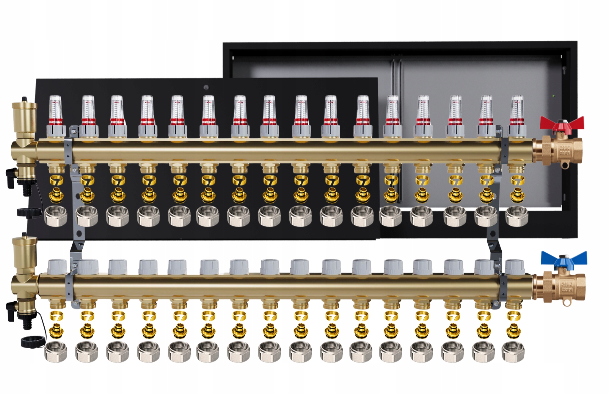 Rozdělovač mosazný podlahový 16 okruhů skříňka jednoduchý ventil Pex