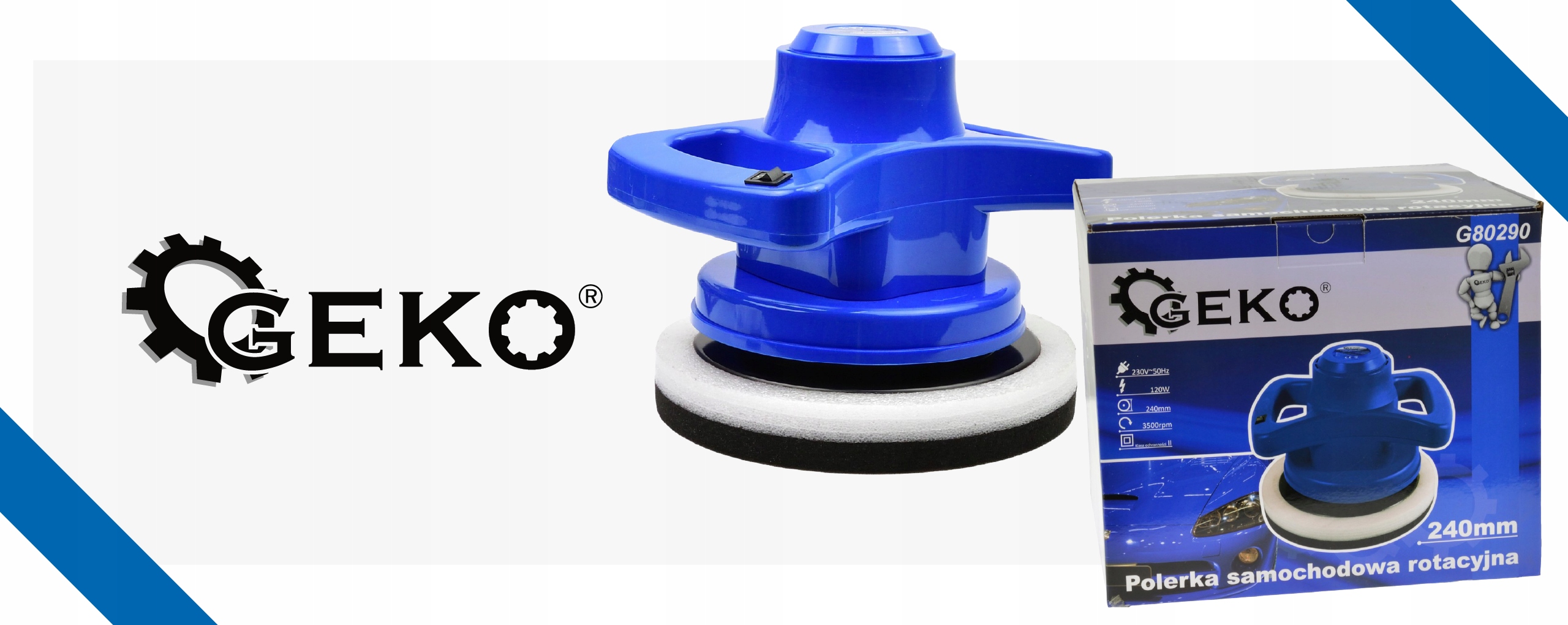 GEKO POLERKA SAMOCHODOWA ROTACYJNA 240MM +NAKŁADKI Zasilanie sieciowe