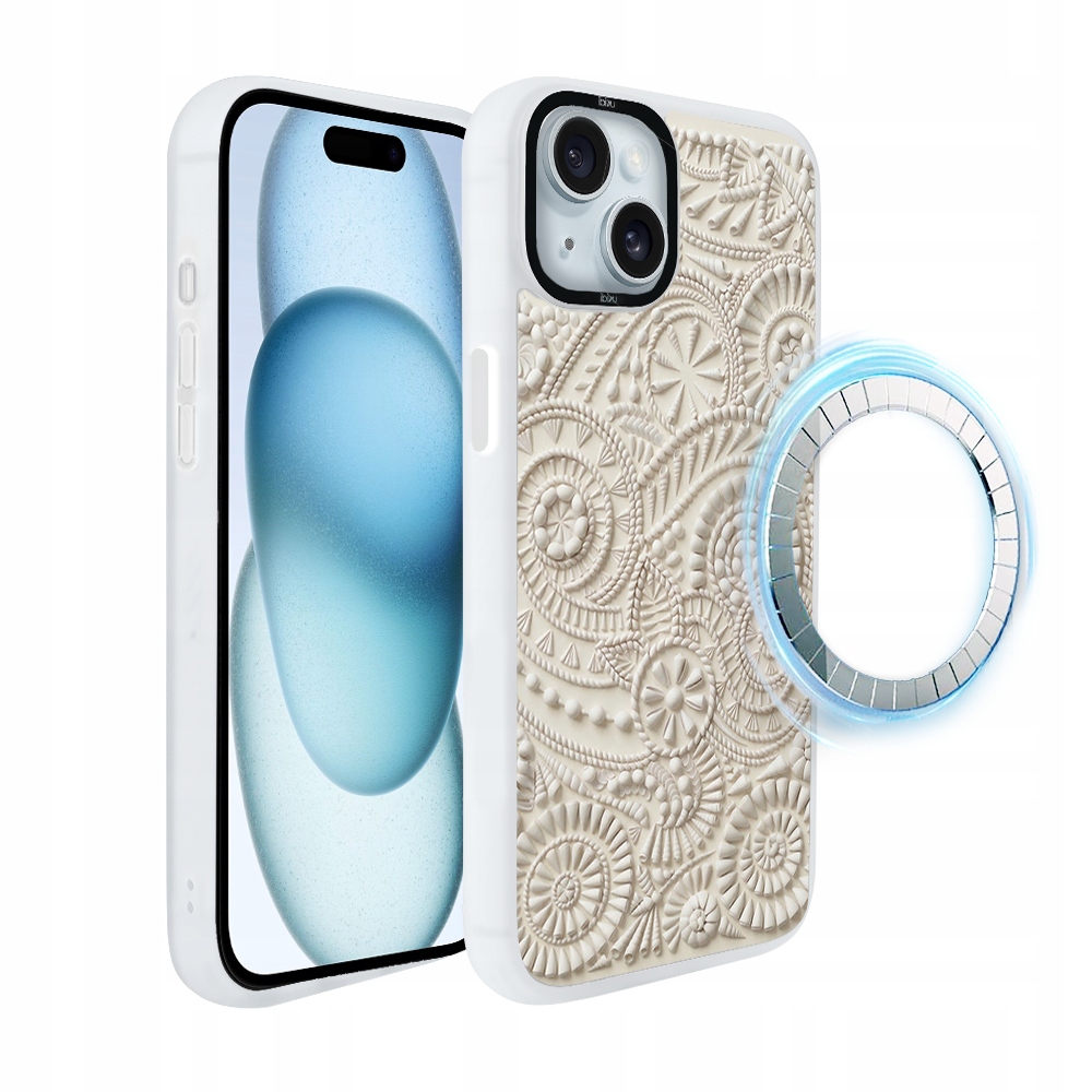 Pouzdro na iPhone 15 Plus Ibizu DropGuard Matt s MagSafe, Ornament, bílé