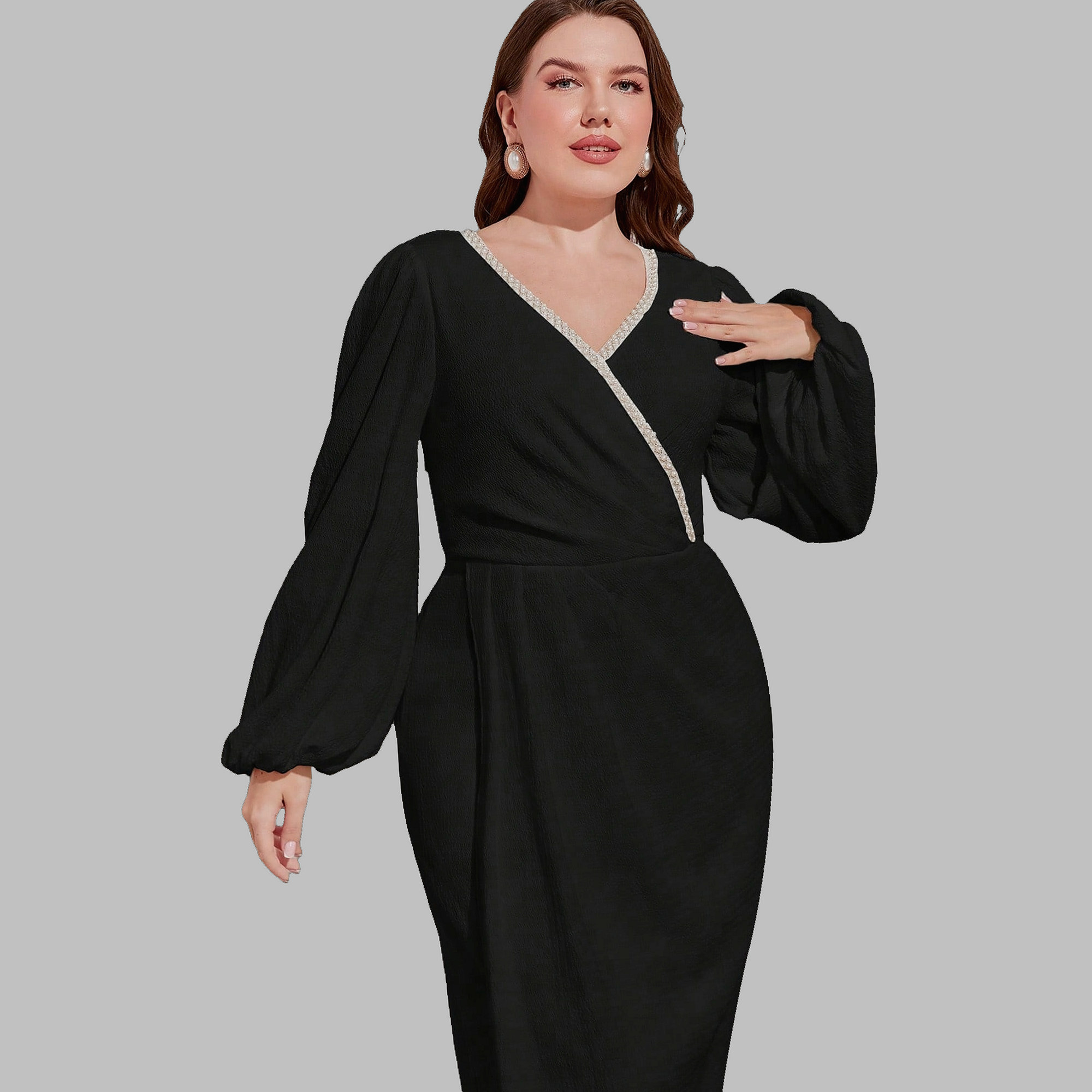 Šaty Maxi Elegantní Zdobené perličkami s výstřihem do V Černá Shein 4XL 48