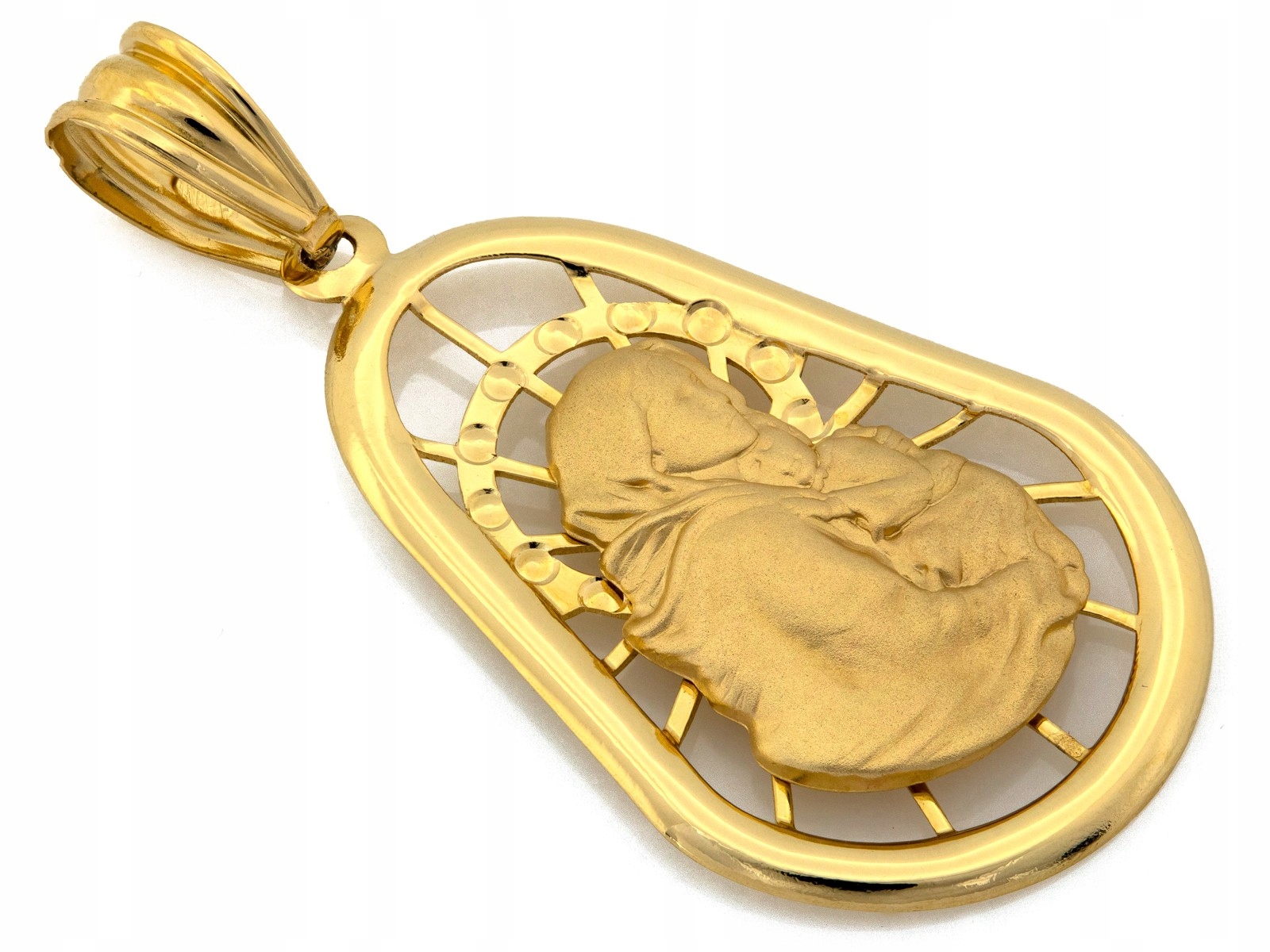 Zlatý medailon 585 14kt s geometrickým vzorem s Pannou Marií a dítětem