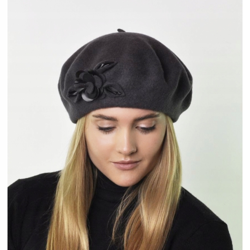 Beret wełniany zdobiony FORSYCJA grafitowy