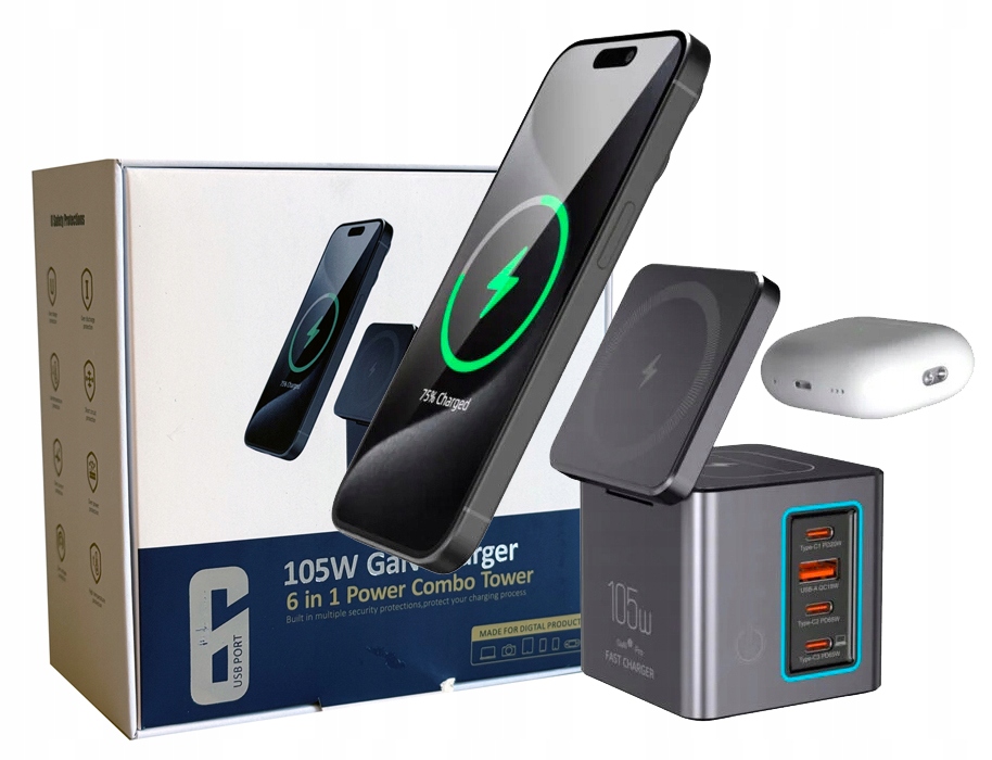 SnapVolt SV-i113 Max 6v1 105W GaN Apple MagSafe Airpods 3xUSB-C 1xUSB-A Pps