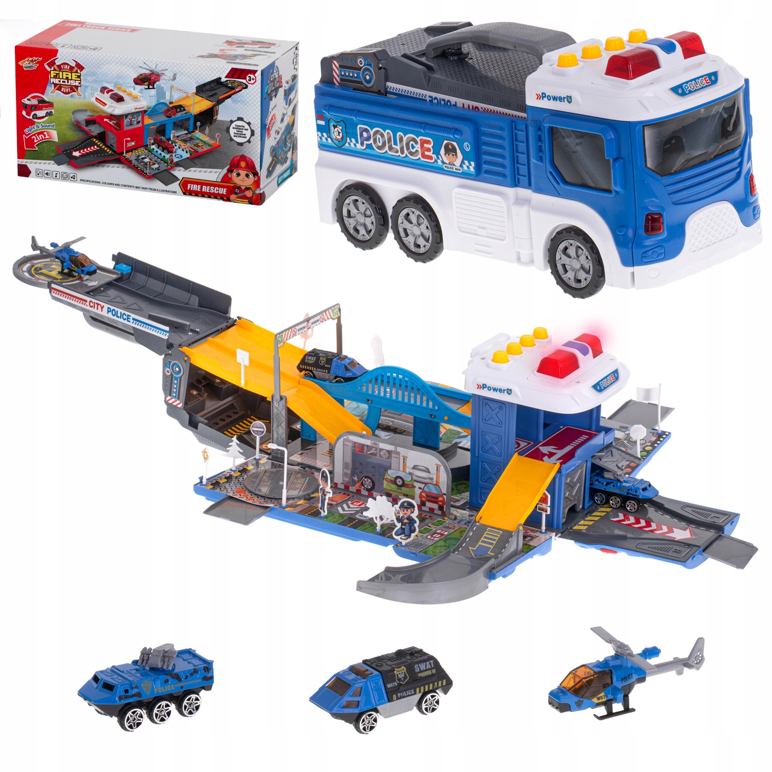 

Garaż Resoraki Policja Wóz Transporter 2w1 Efekty