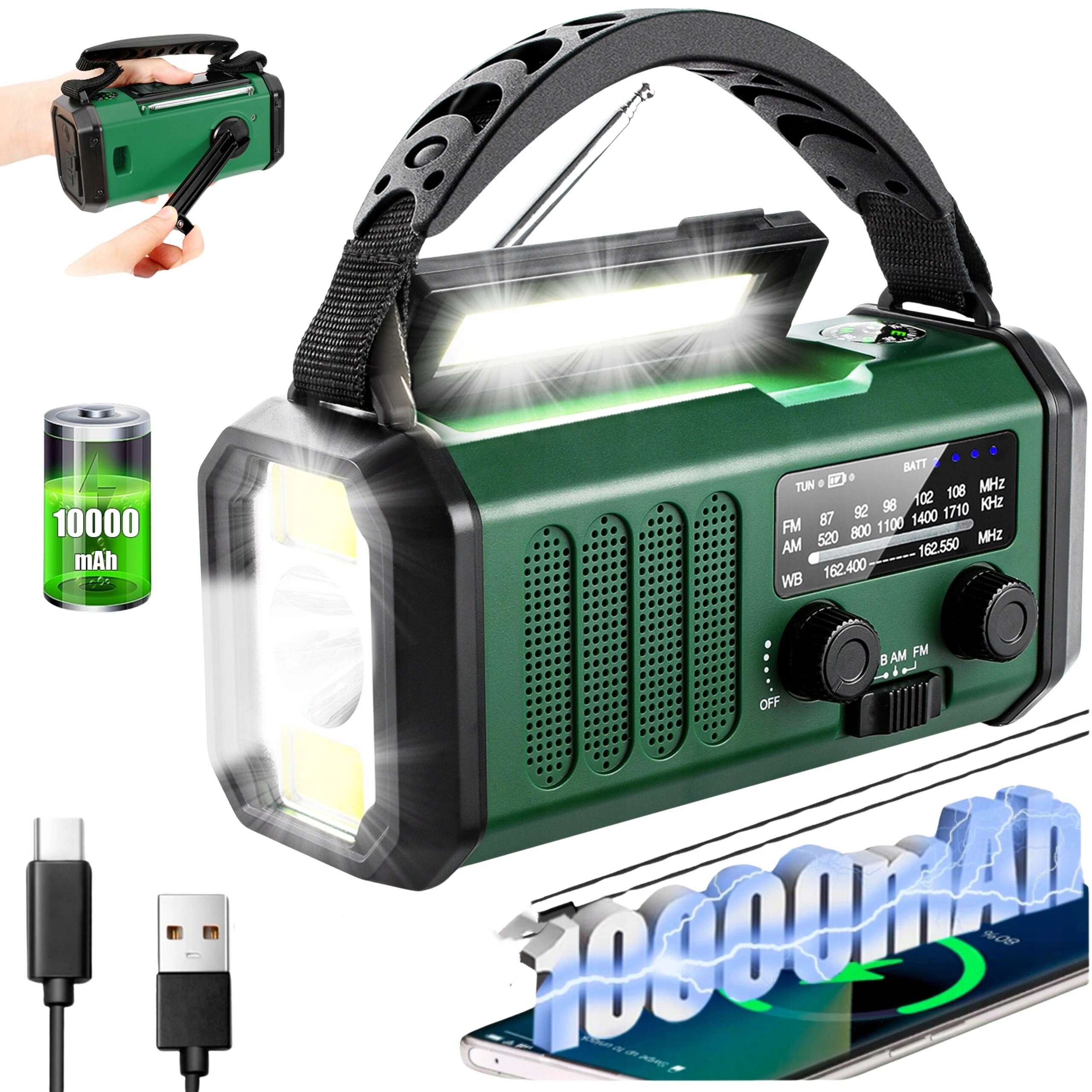 Solární Přenosné Kuchyňské Rádio Dynamo Stavební Svítilna Powerbank 10000 mA