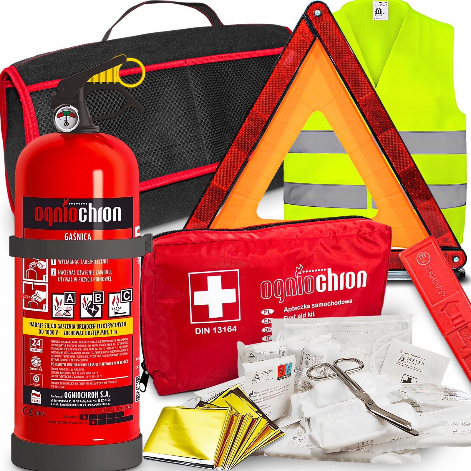 GAŚNICA 2KG Z UCHWYTEM APTECZKA DIN TRÓJKĄT OSTRZEGAWCZY KAMIZELKA TORBA