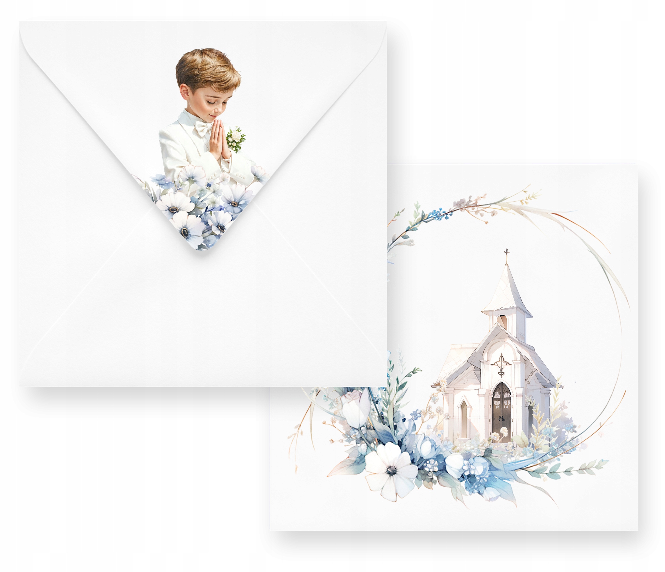 ZAPROSZENIA NA KOMUNIĘ DLA CHŁOPCA + IMIĘ + KOPERTA Kształt kwadratowy