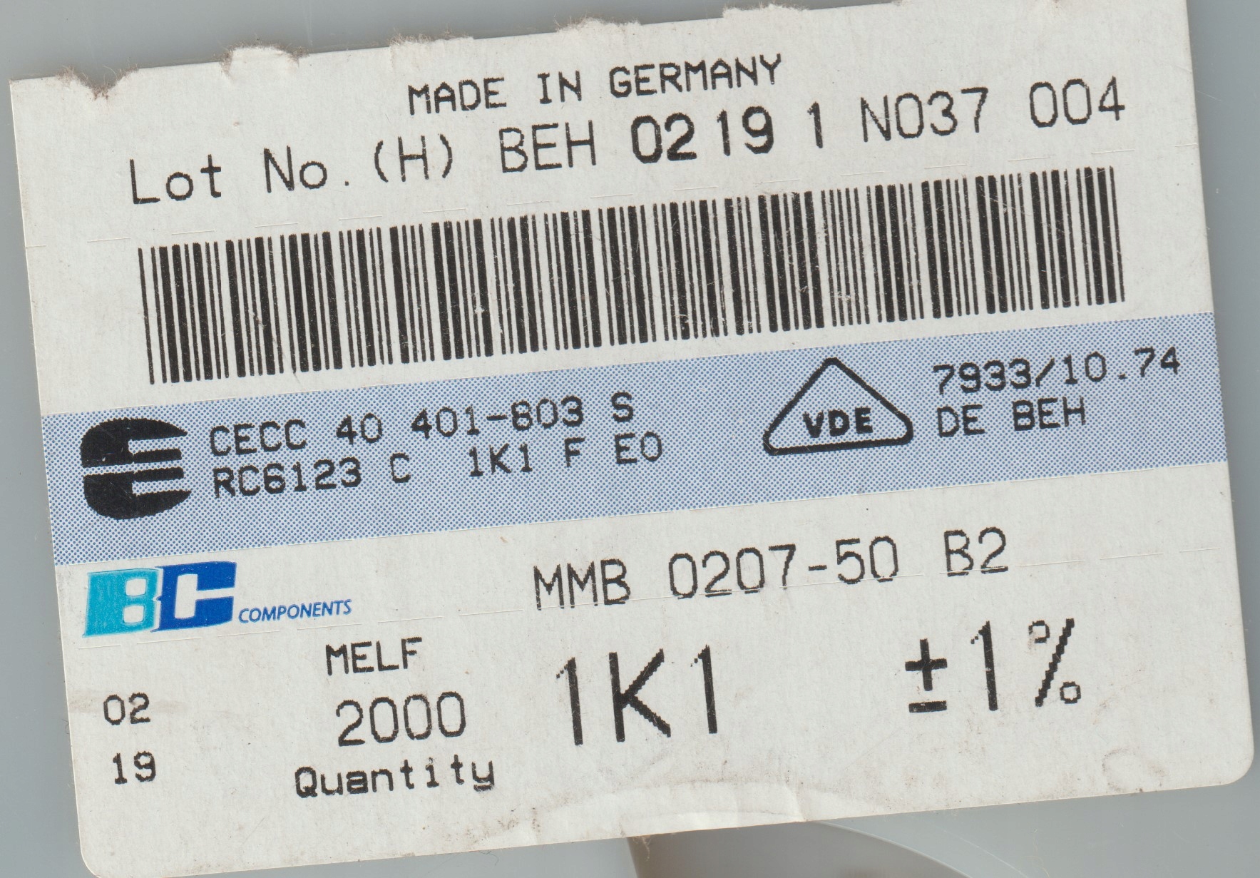 [20szt] 1K1 1% 50ppm 1W rezystor Smd melf MMB0207 Beyschlag low noise