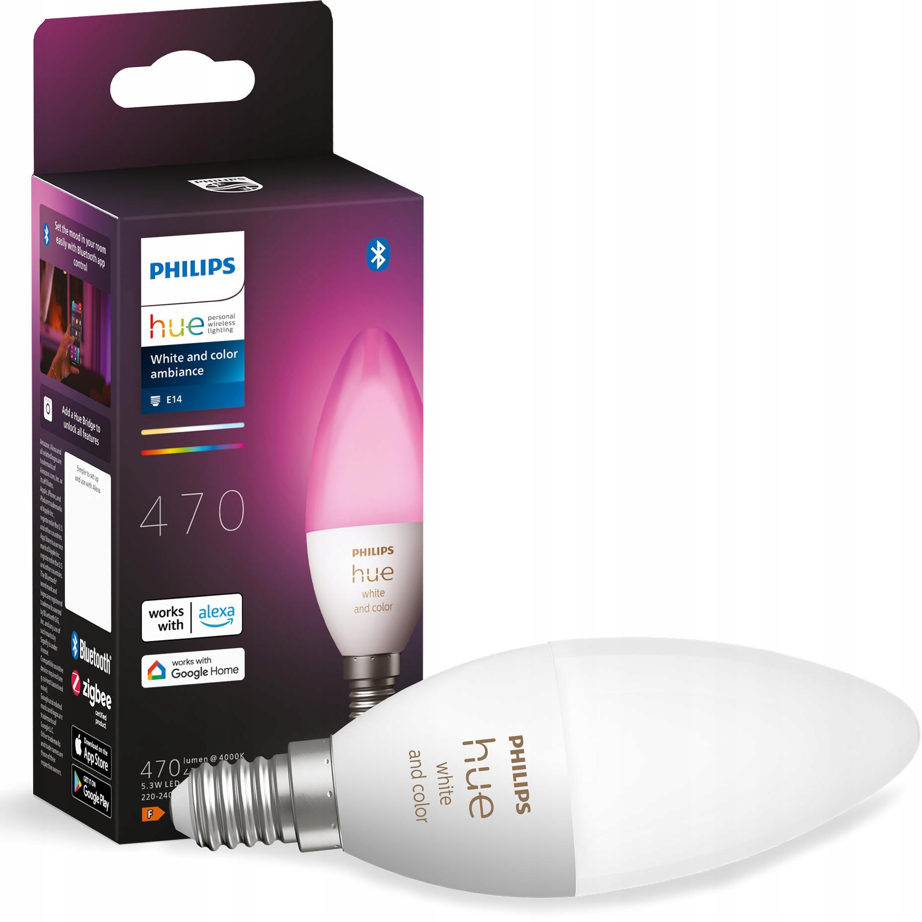 Led žárovka Svíčka E14 B39 5,3W Cct Rgb Philips Hue Bluetooth Zigbee