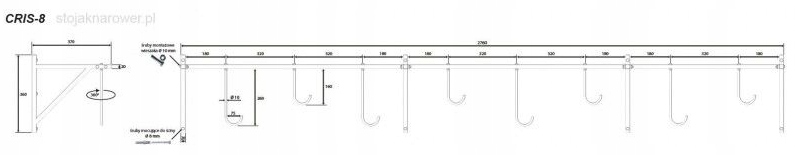 WIESZAK NA ROWER 8 ROWERY STOJAK CRIS 8 HAK UCHWYT Głębokość produktu 37 cm