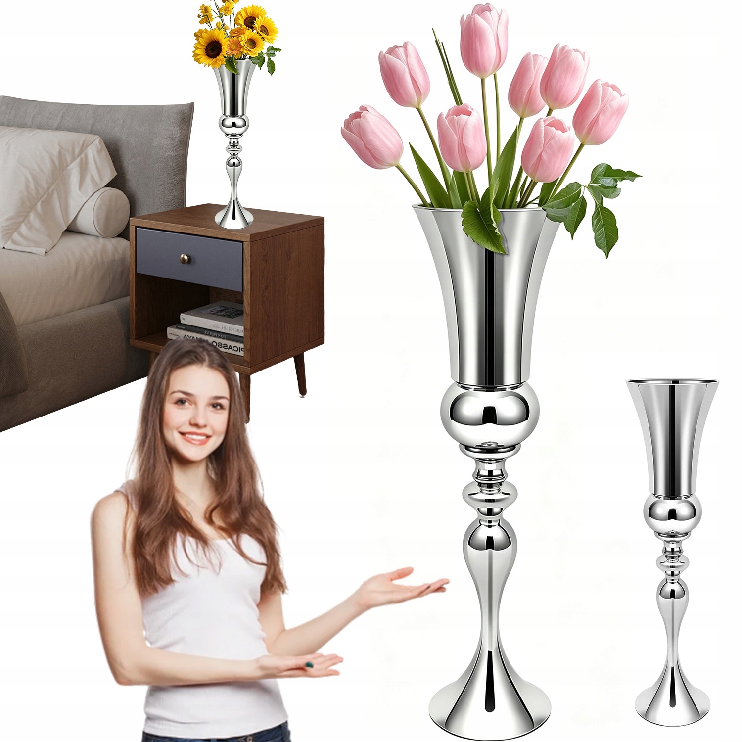 Stojanová Kovová Váza 74 CM Stříbrná, Elegantní Pro Květiny A Větve Do Kanceláře