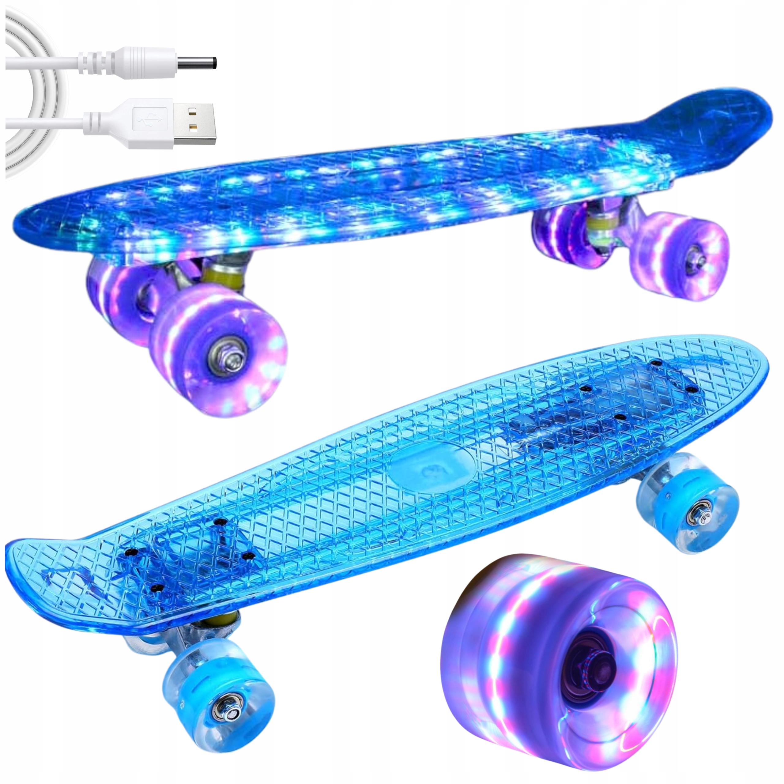 Fiška Skateboard Pro Děti Svítící Led Kola 56 CM Celá Svítící Modrá