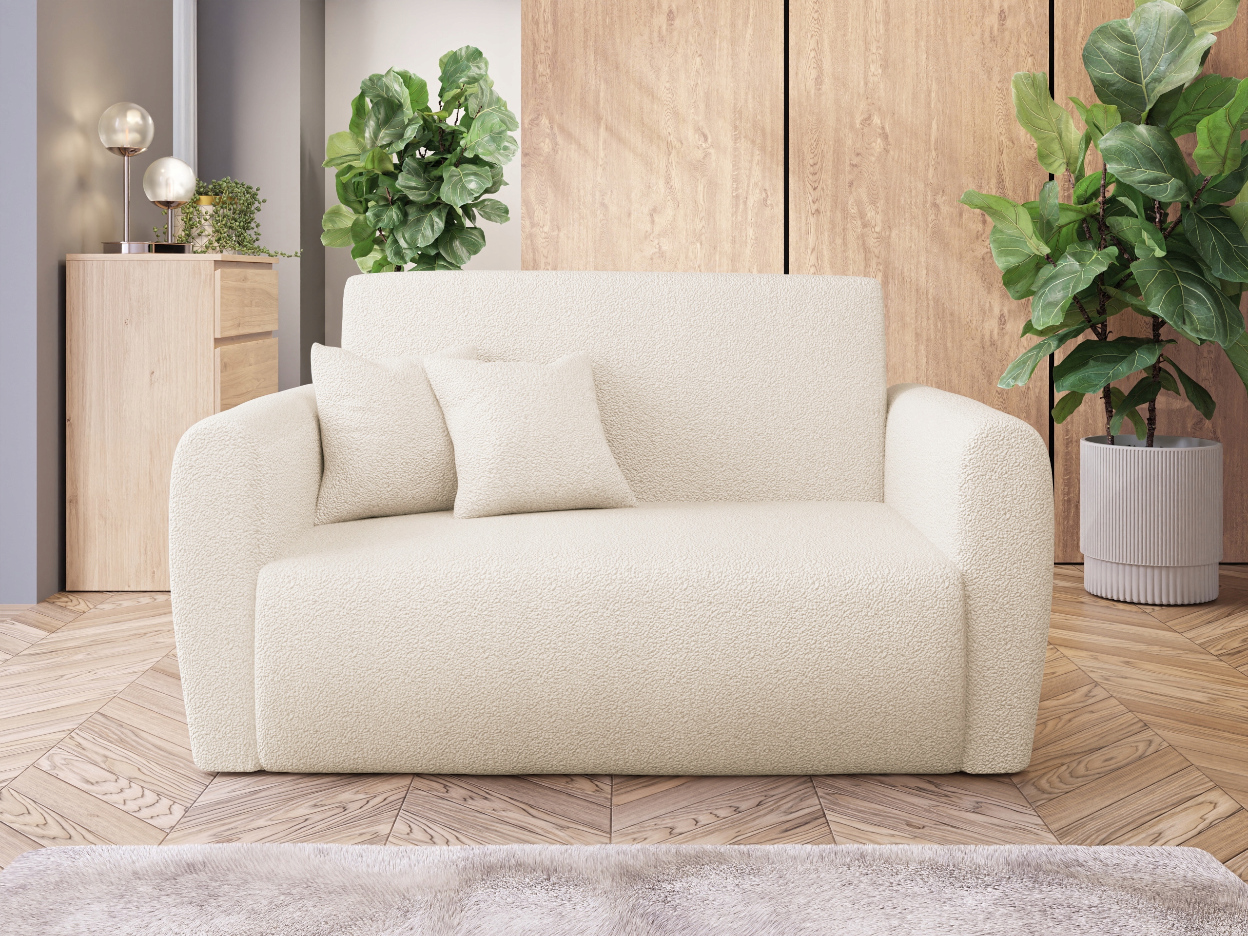 Americká rozkládací pohovka Lana z módní tkaniny Bouclé s funkcí spaní