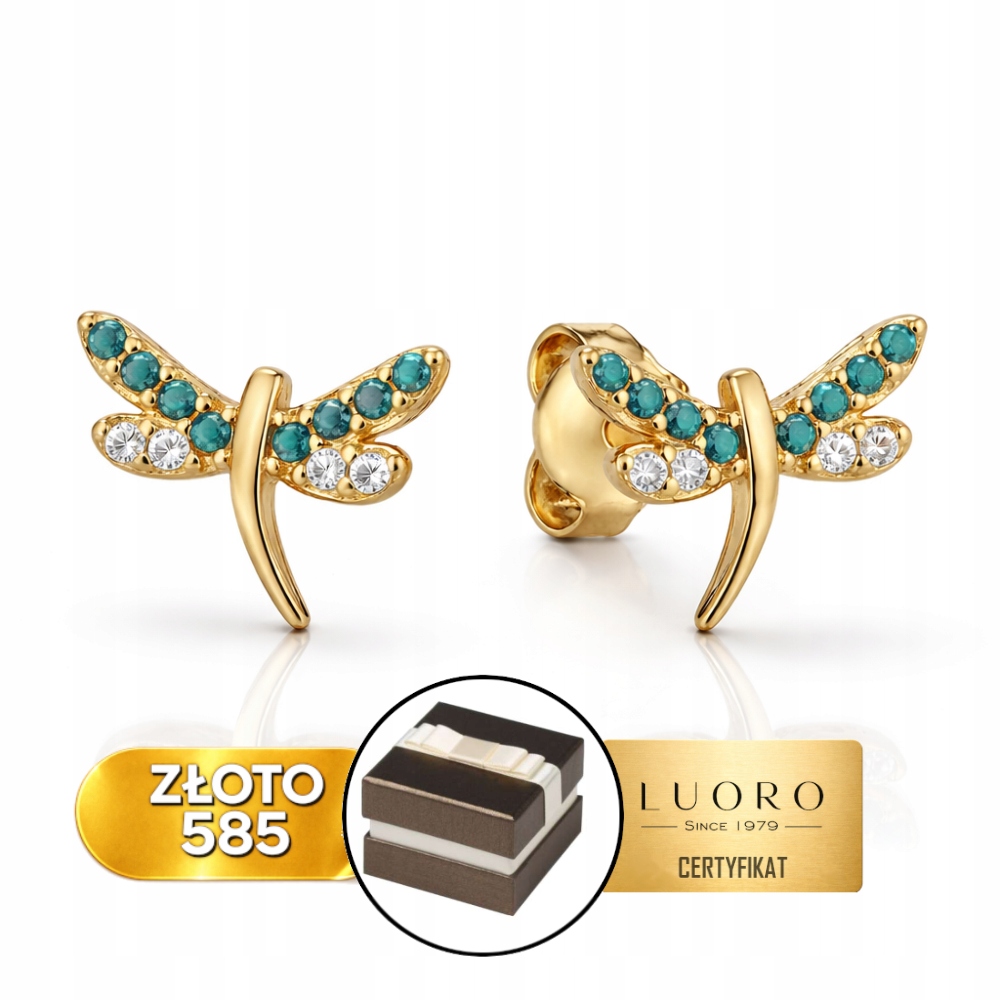 Náušnice Zlaté 585 14K Vážky S Tyrkysem A Zirkony Tyčinka 0,8 CM