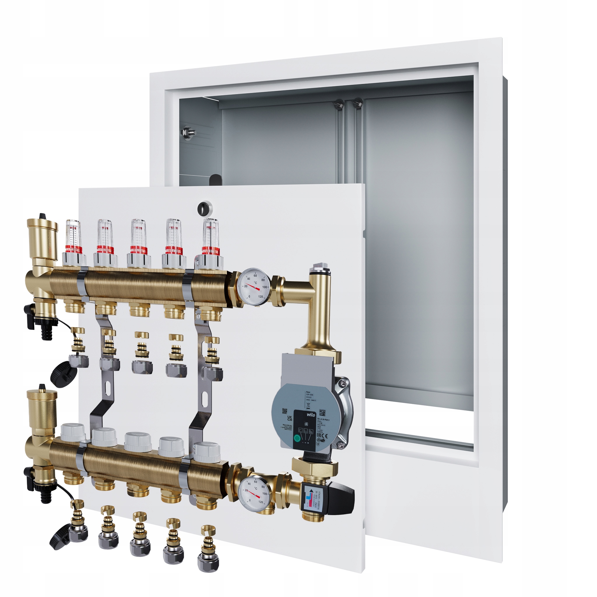 Rozdělovač pro podlahu 5 s čerpadlem Wilo a podomítkovou skříňkou Pex