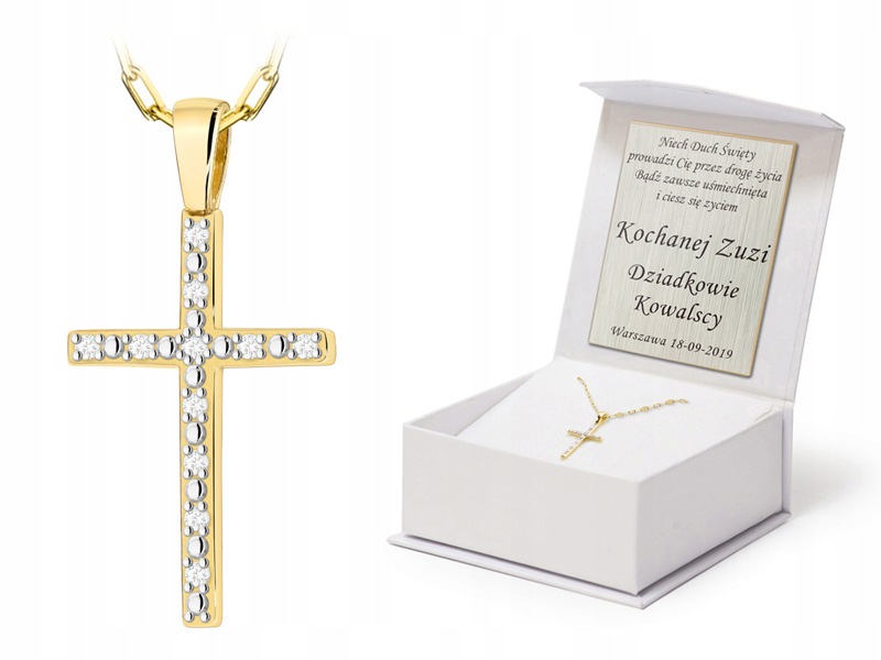 Złoty Komplet pr. 585 Łańcuszek 42cm Zawieszka Krzyżyk Cyrkonie 14k Grawer
