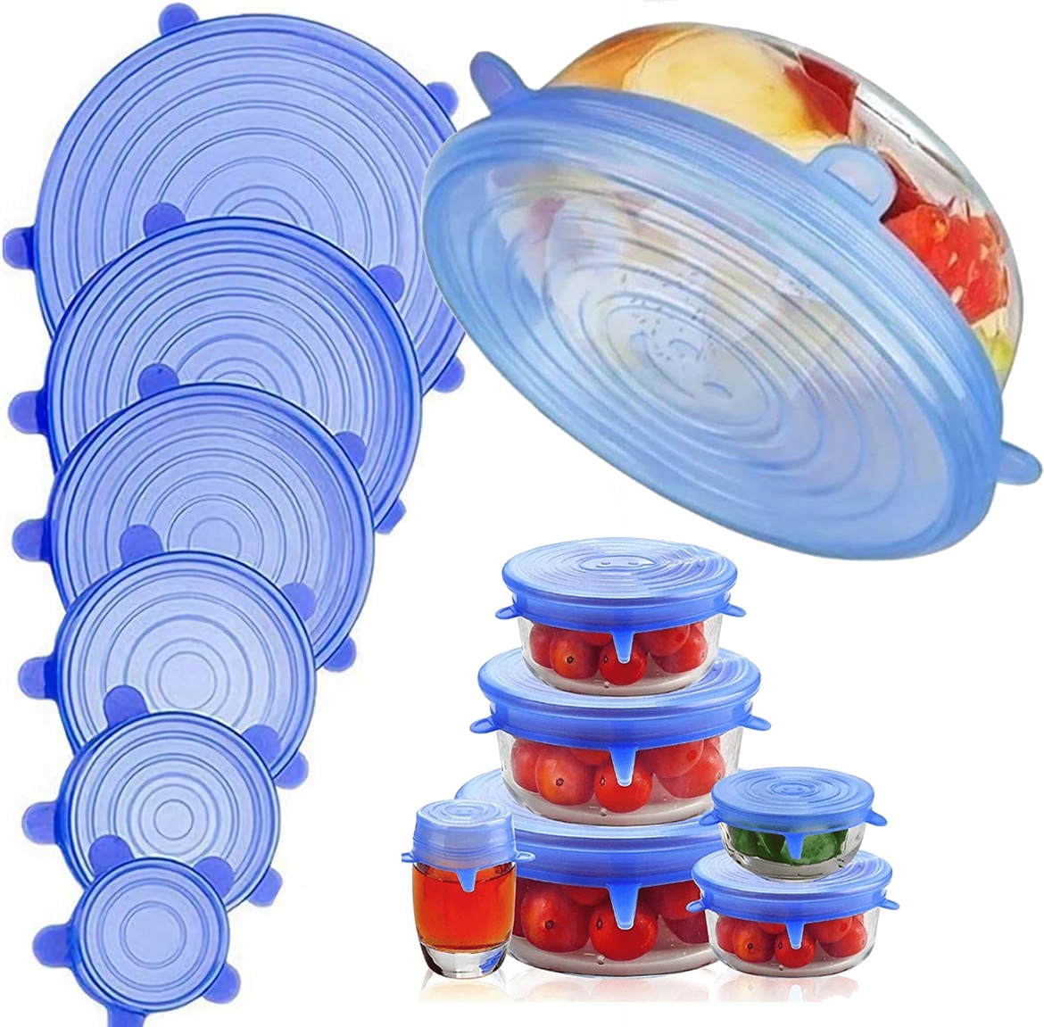 POKRYWKI SILIKONOWE na słoiki miski garnki UNIWERSALNE DO ŻYWNOŚCI 6SZT